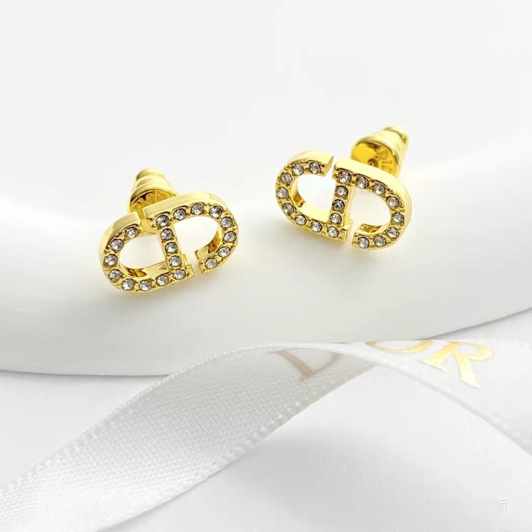 Dior Petit CD earrings gold-tone metal with clear crystal accents 1 2cm stud diameter