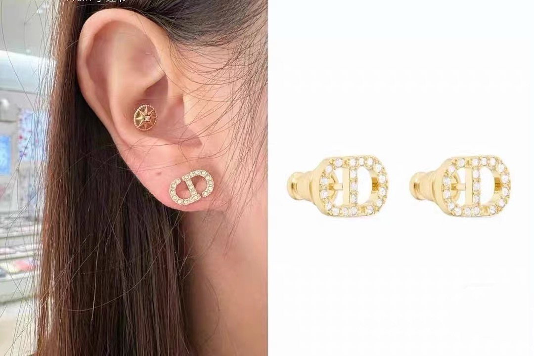 Dior Petit CD earrings gold-tone metal with clear crystal accents 1 2cm stud diameter