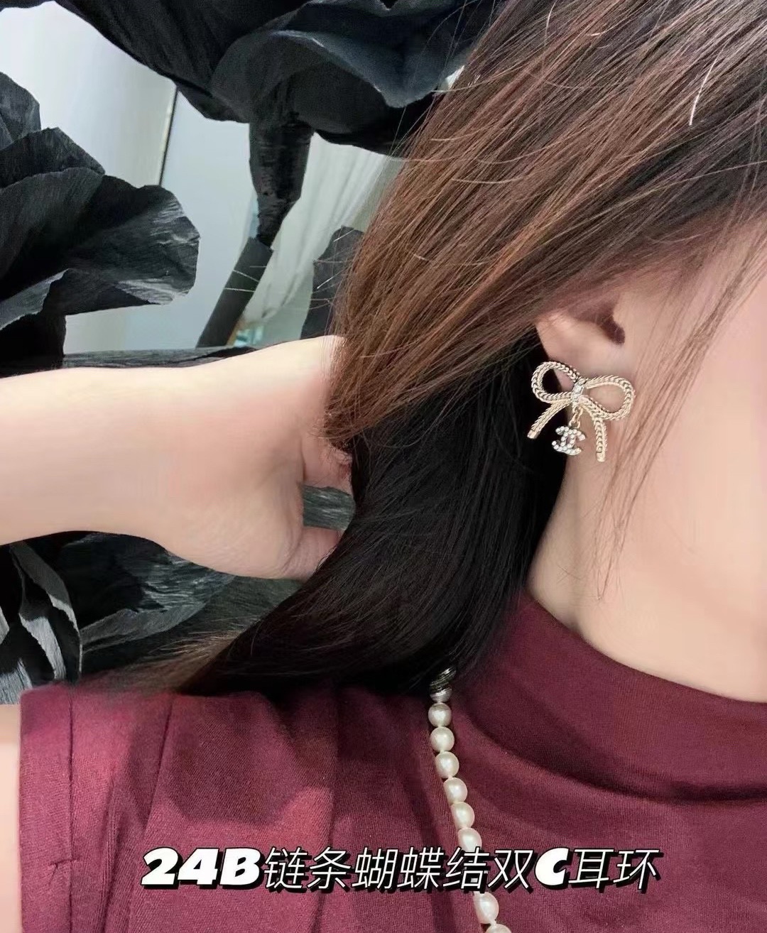 Chanel CC Logo Bow Drop Earrings earrings Light gold-tone metal with clear crystal accents One Size