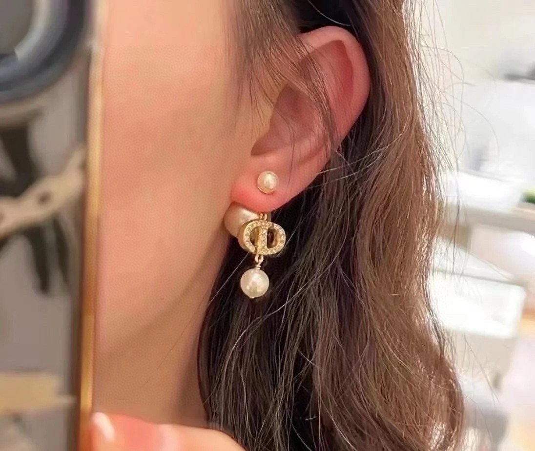 Dior Tribales earrings Gold-tone metal white resin pearls clear crystals One Size
