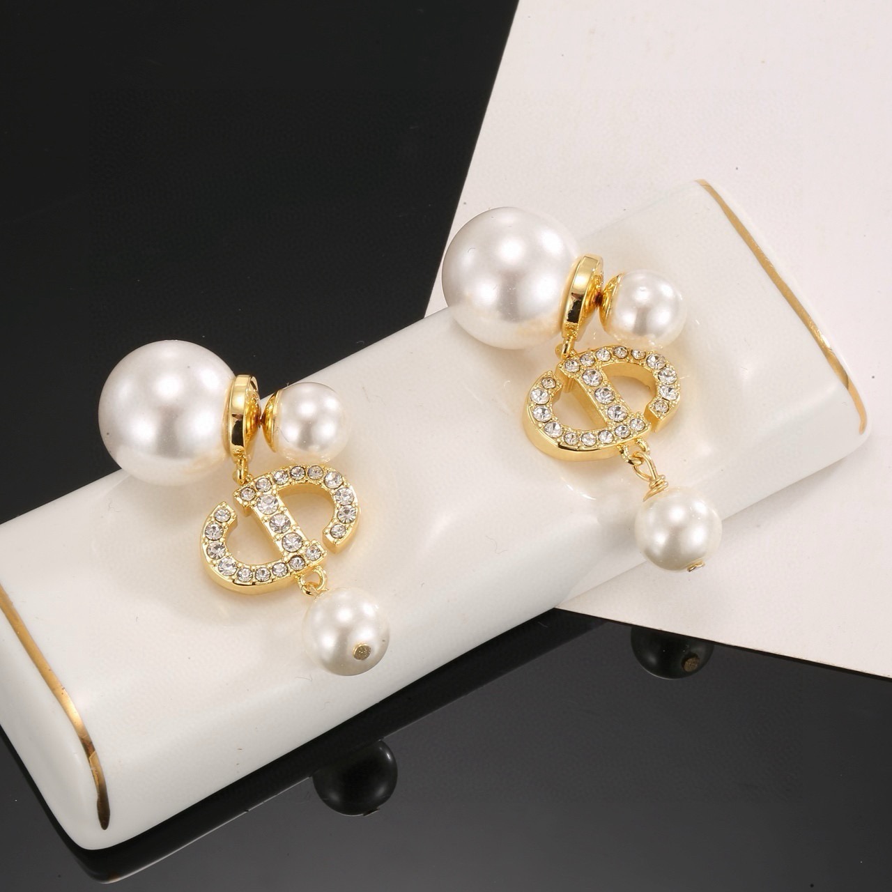 Dior Tribales earrings Gold-tone metal white resin pearls clear crystals One Size