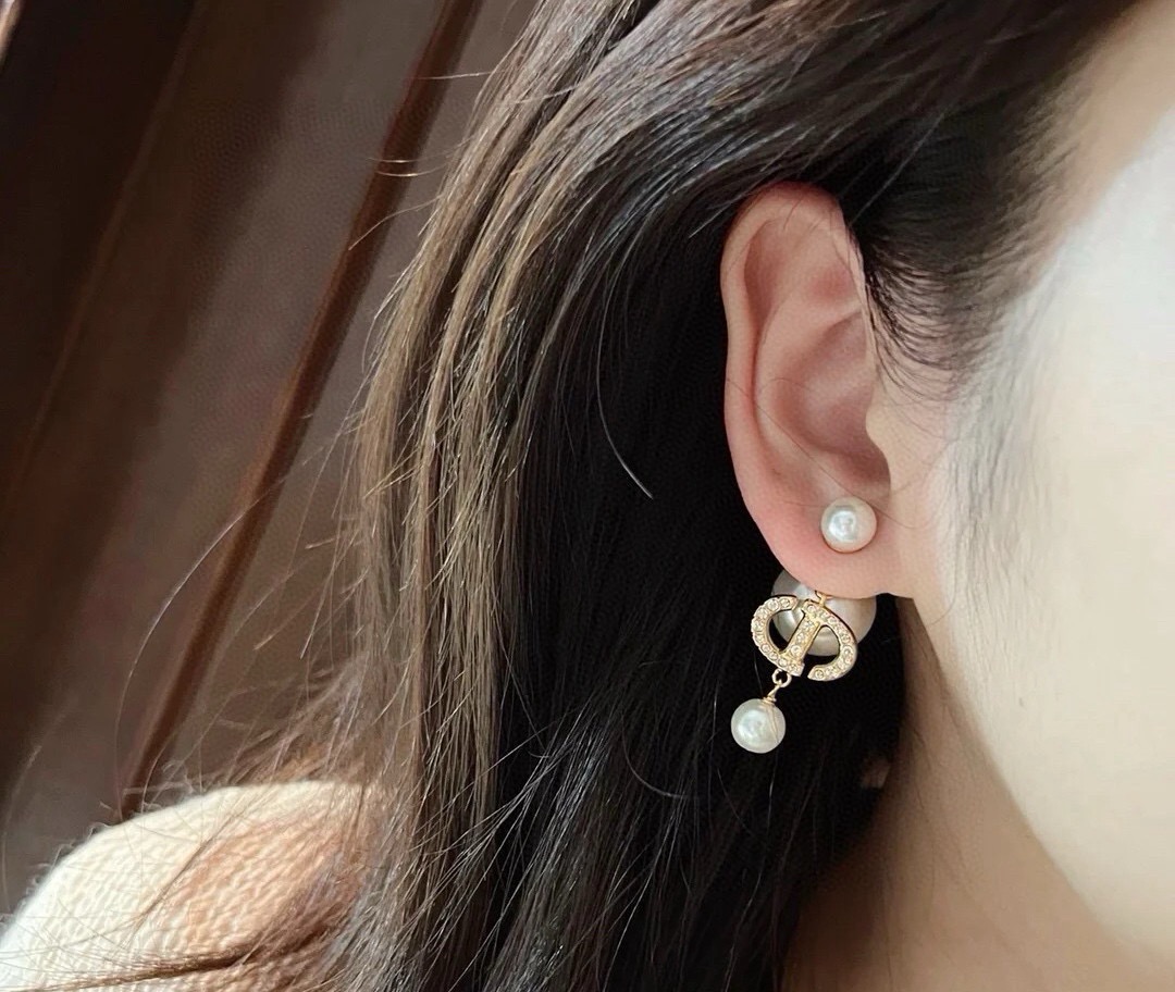 Dior Tribales earrings Gold-tone metal white resin pearls clear crystals One Size