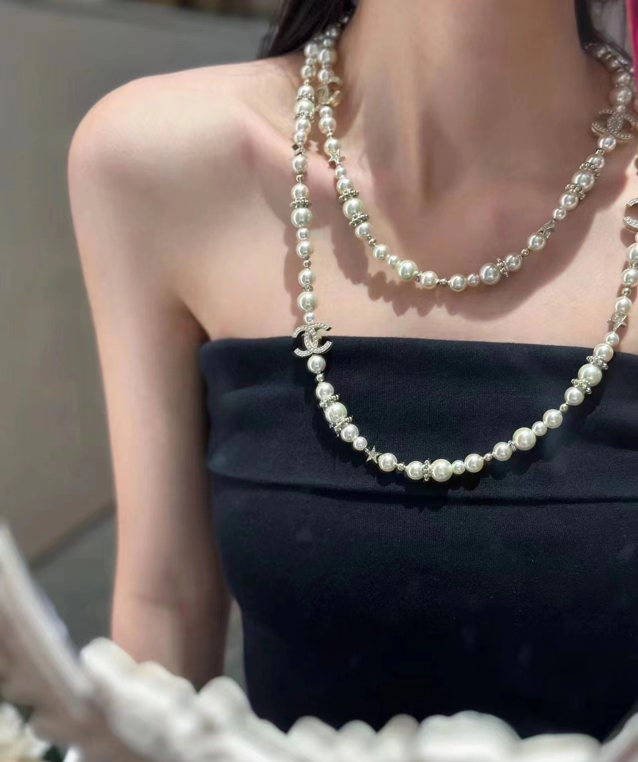 Chanel CC Logo Multi-Charm Pearl Long Necklace necklace Gold-tone metal cream white faux pearl clear crystal 80cm with 5cm extender chain