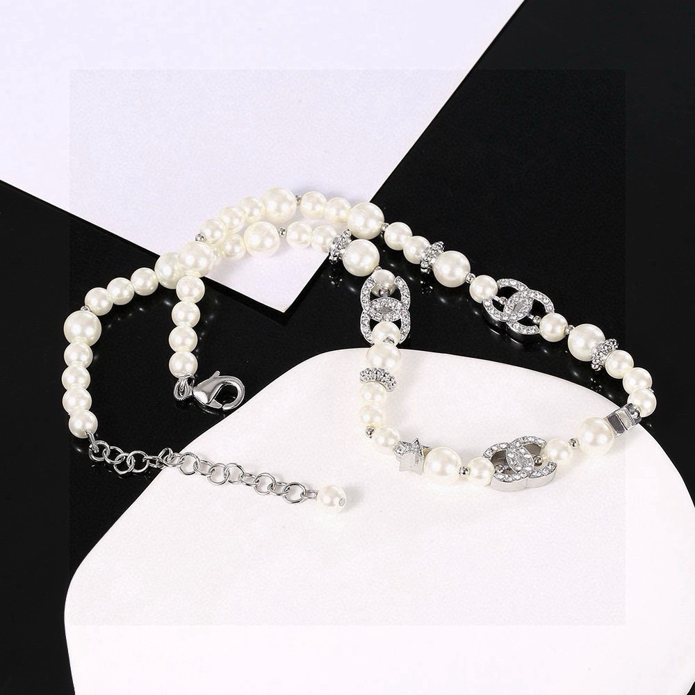 Chanel CC Logo Crystal Star Pearl Choker necklace Silver-tone metal white faux pearl clear crystal Adjustable 36-42cm