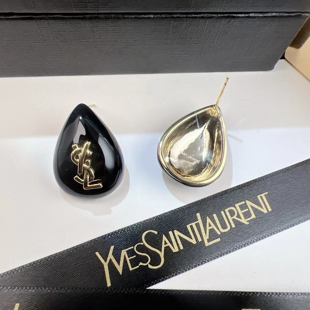 Saint Laurent Cassandre Teardrop earrings glossy black resin gold-tone metal 2cm length