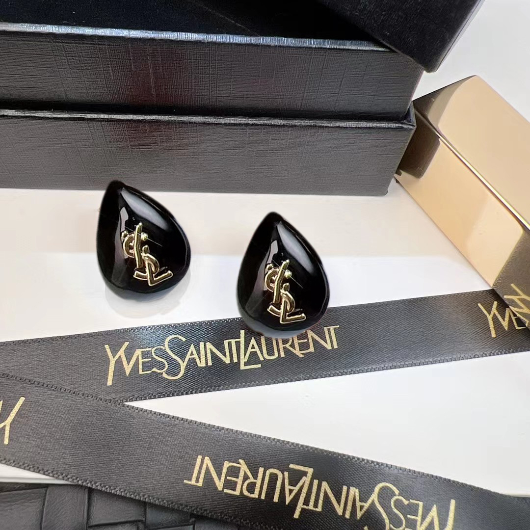 Saint Laurent Cassandre Teardrop earrings glossy black resin gold-tone metal 2cm length