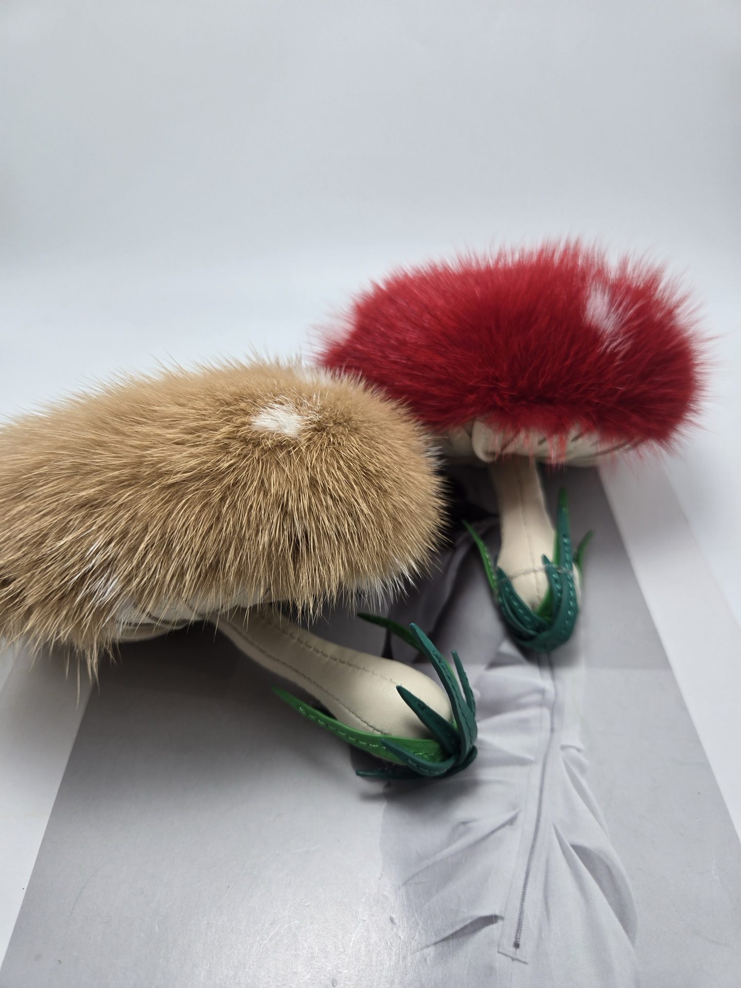 Fendi Mushroom Charm pendant Silver-tone metal brown FF coated canvas strap available in red mink fur with white spots or tan mink fur with white spots cream leather stem green leather grass detail 12cm total length