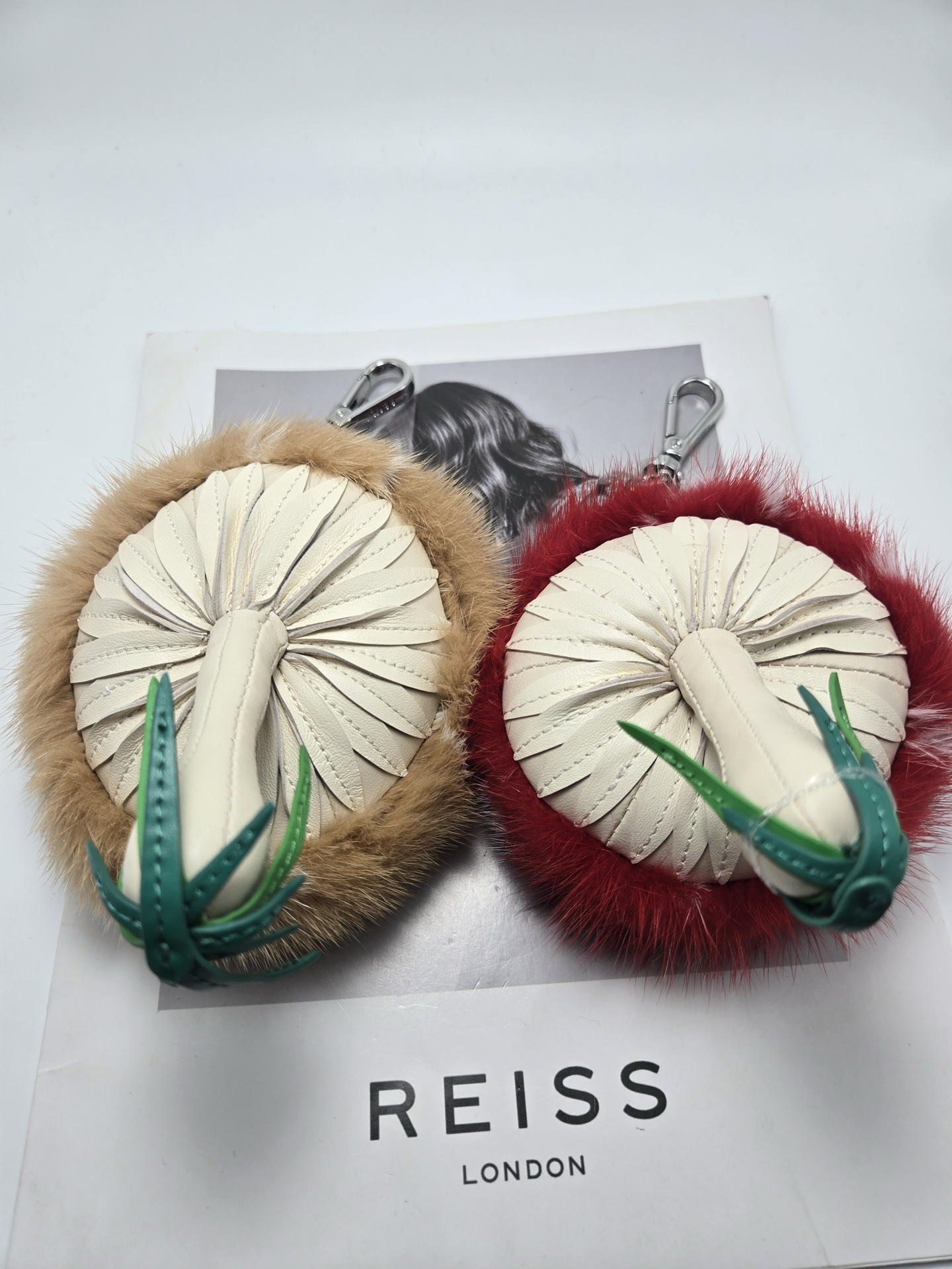 Fendi Mushroom Charm pendant Silver-tone metal brown FF coated canvas strap available in red mink fur with white spots or tan mink fur with white spots cream leather stem green leather grass detail 12cm total length