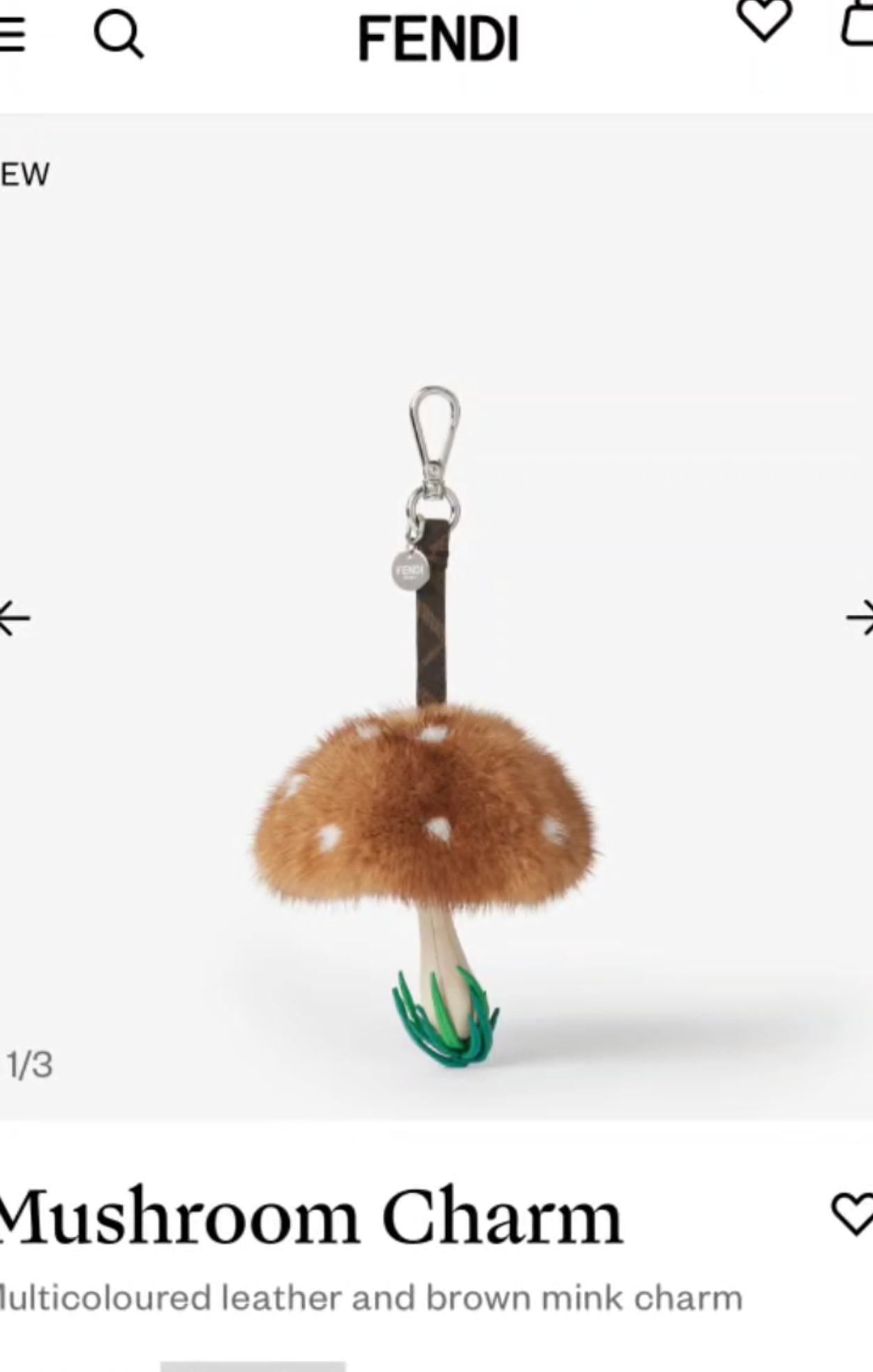 Fendi Mushroom Charm pendant Silver-tone metal brown FF coated canvas strap available in red mink fur with white spots or tan mink fur with white spots cream leather stem green leather grass detail 12cm total length