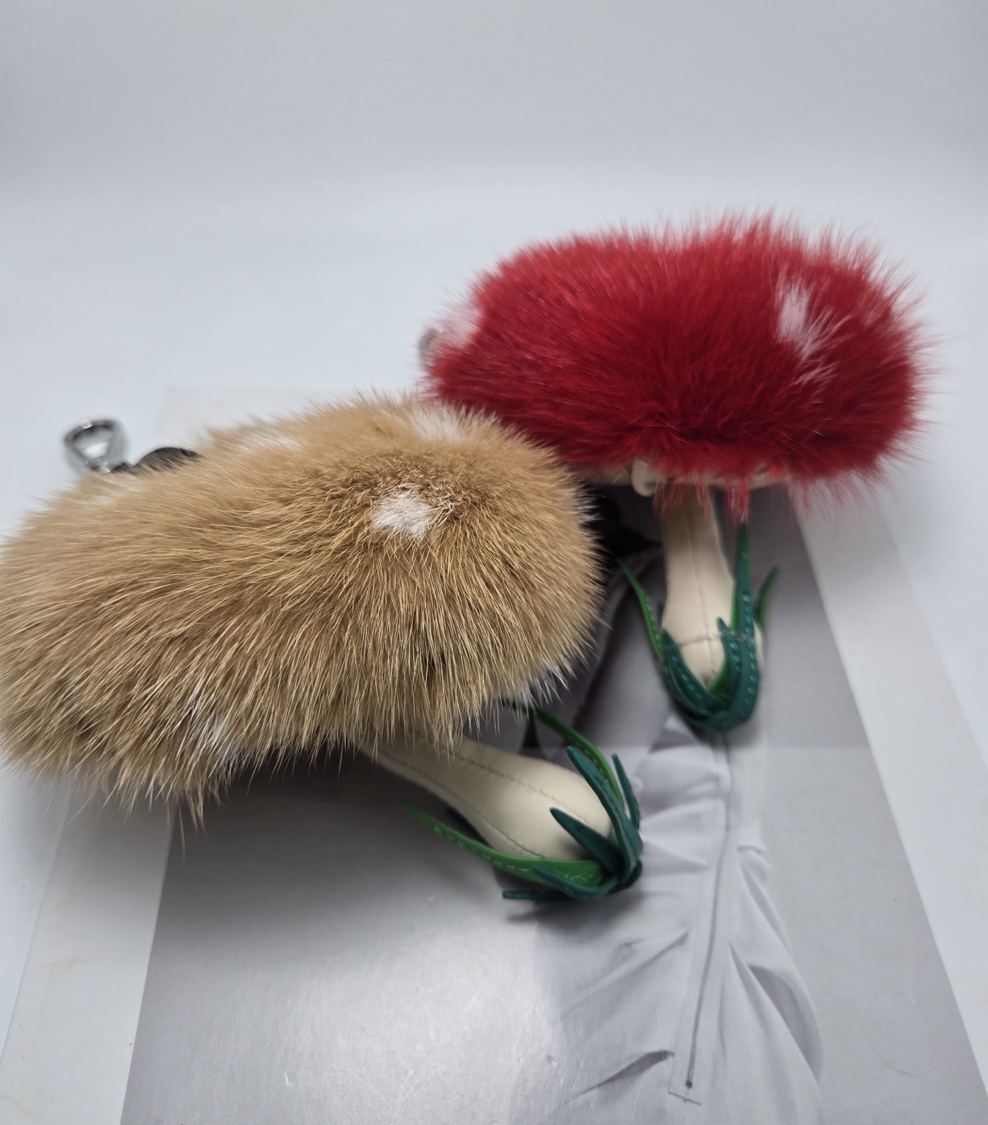 Fendi Mushroom Charm pendant Silver-tone metal brown FF coated canvas strap available in red mink fur with white spots or tan mink fur with white spots cream leather stem green leather grass detail 12cm total length