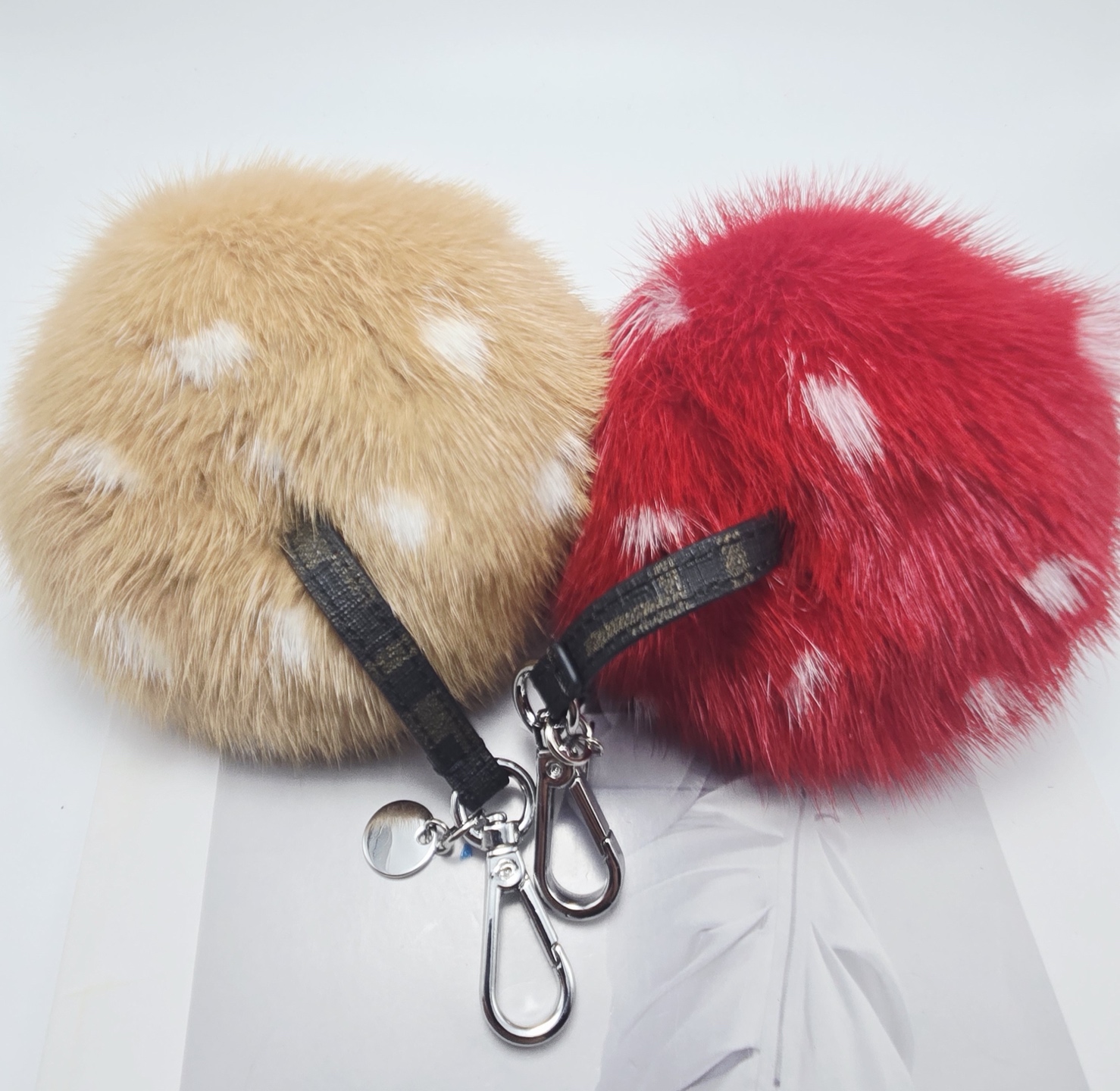 Fendi Mushroom Charm pendant Silver-tone metal brown FF coated canvas strap available in red mink fur with white spots or tan mink fur with white spots cream leather stem green leather grass detail 12cm total length