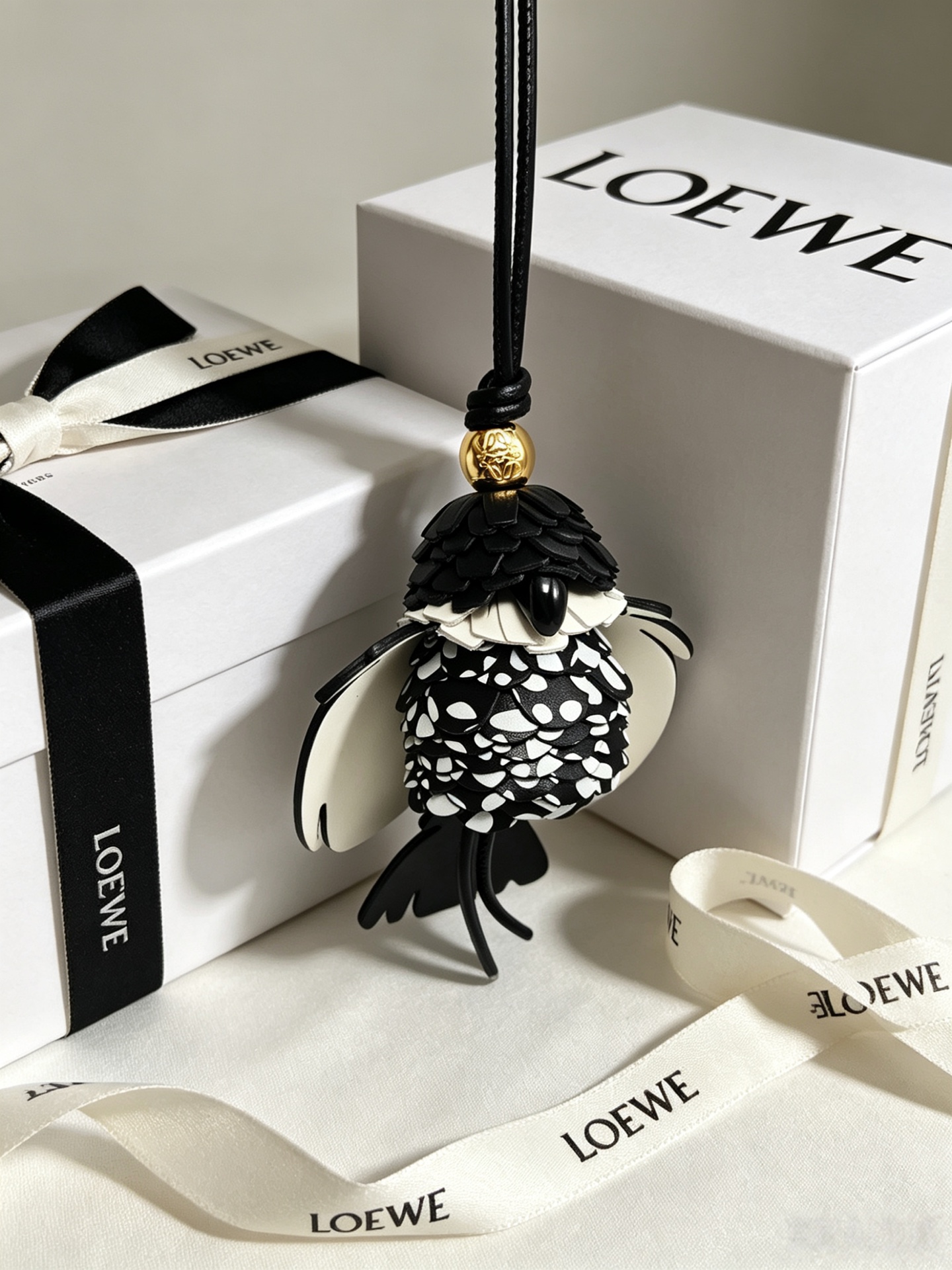 Loewe Anagram Bird Charm pendant Gold-tone metal accent black and white polka dot leather black leather cord 18cm total strap length