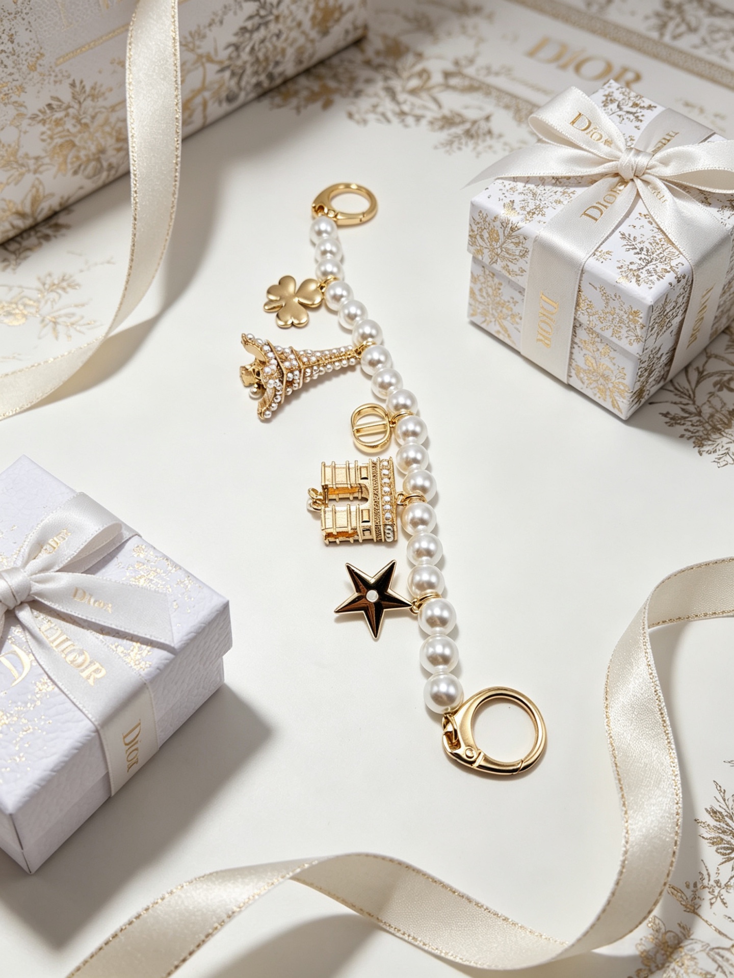 Dior Paris Landmark Charms Pearl Bag Charm Bracelet bracelet Silver-toned metal with white faux pearls 18cm
