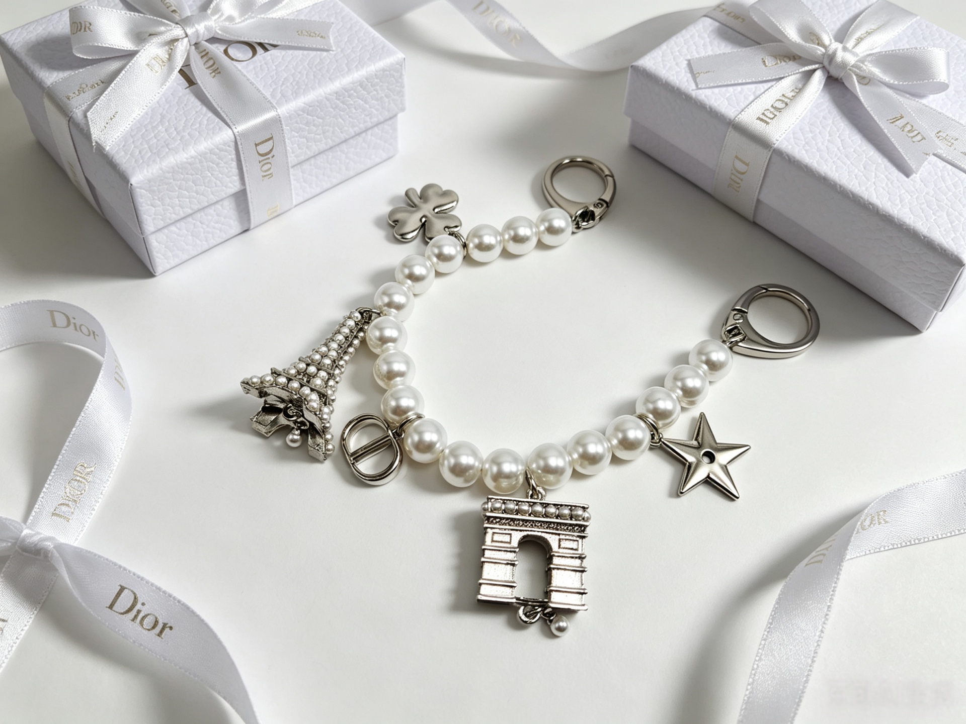 Dior Paris Landmark Charms Pearl Bag Charm Bracelet bracelet Silver-toned metal with white faux pearls 18cm