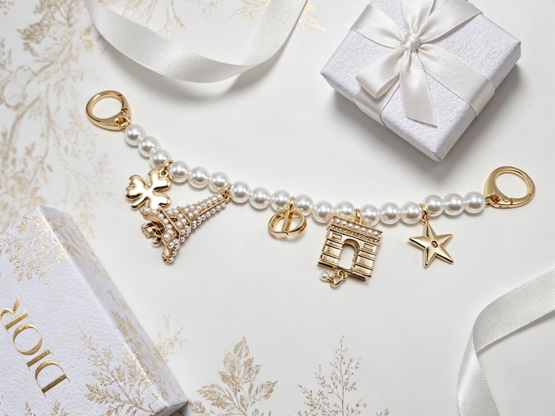 Dior Paris Landmark Charms Pearl Bag Charm Bracelet bracelet Silver-toned metal with white faux pearls 18cm