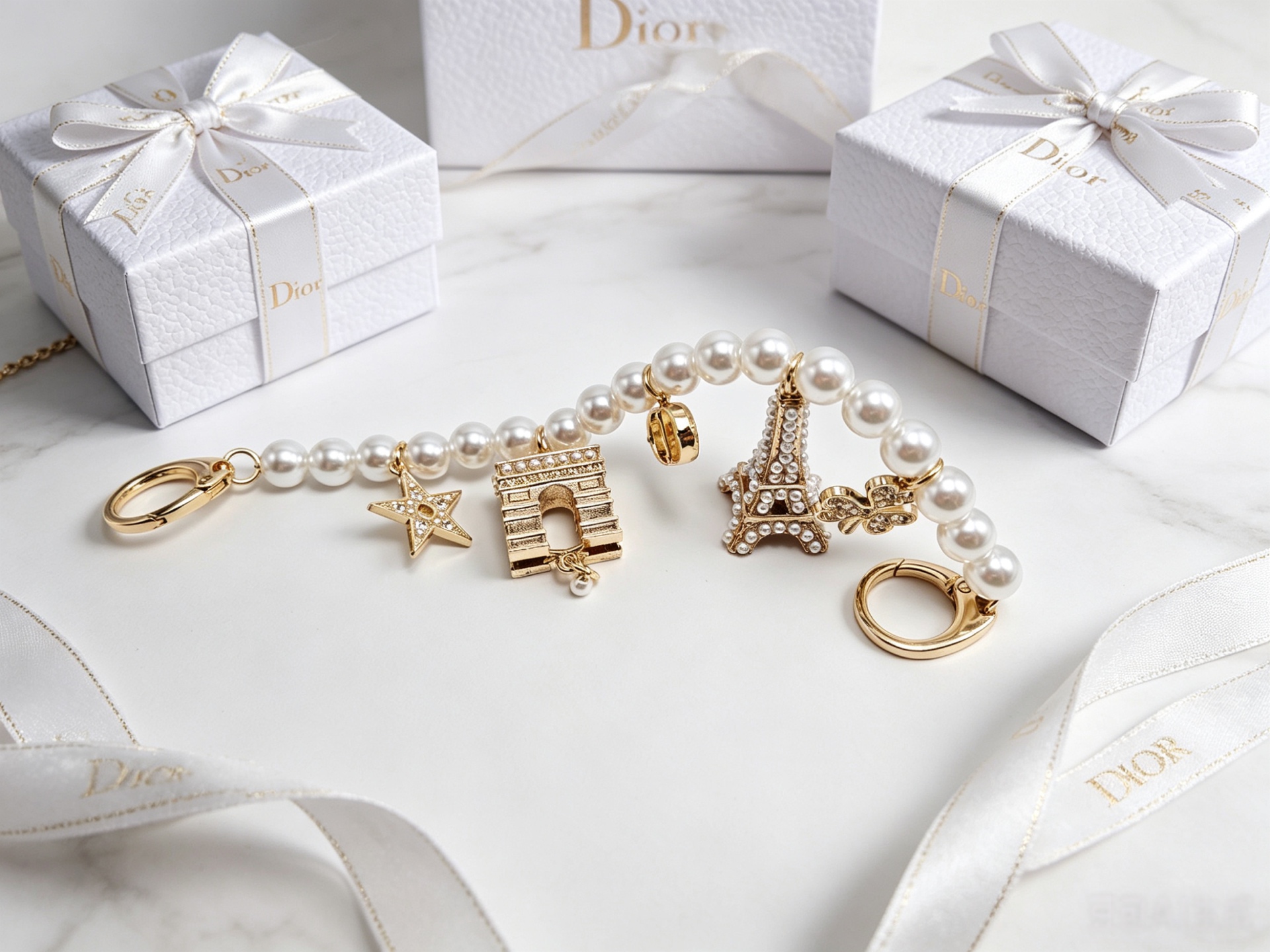 Dior Paris Landmark Charms Pearl Bag Charm Bracelet bracelet Silver-toned metal with white faux pearls 18cm