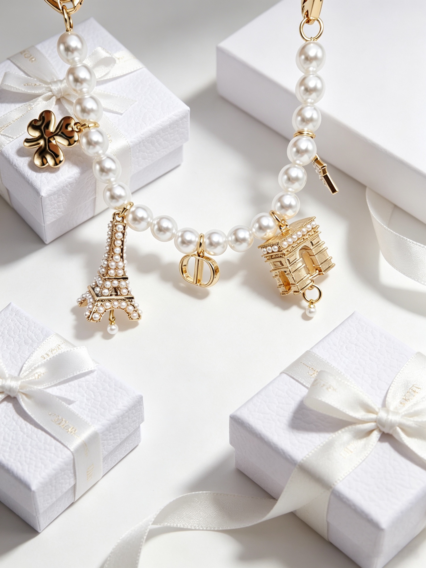 Dior Paris Landmark Charms Pearl Bag Charm Bracelet bracelet Silver-toned metal with white faux pearls 18cm
