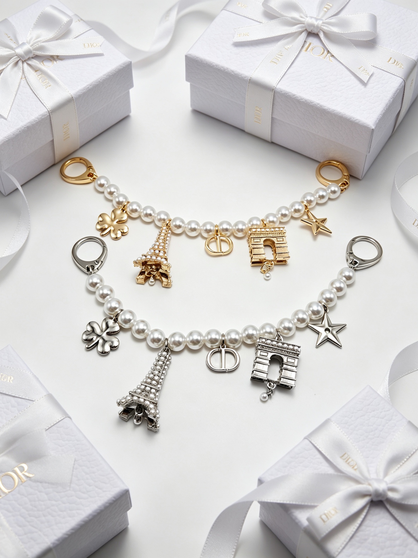 Dior Paris Landmark Charms Pearl Bag Charm Bracelet bracelet Silver-toned metal with white faux pearls 18cm