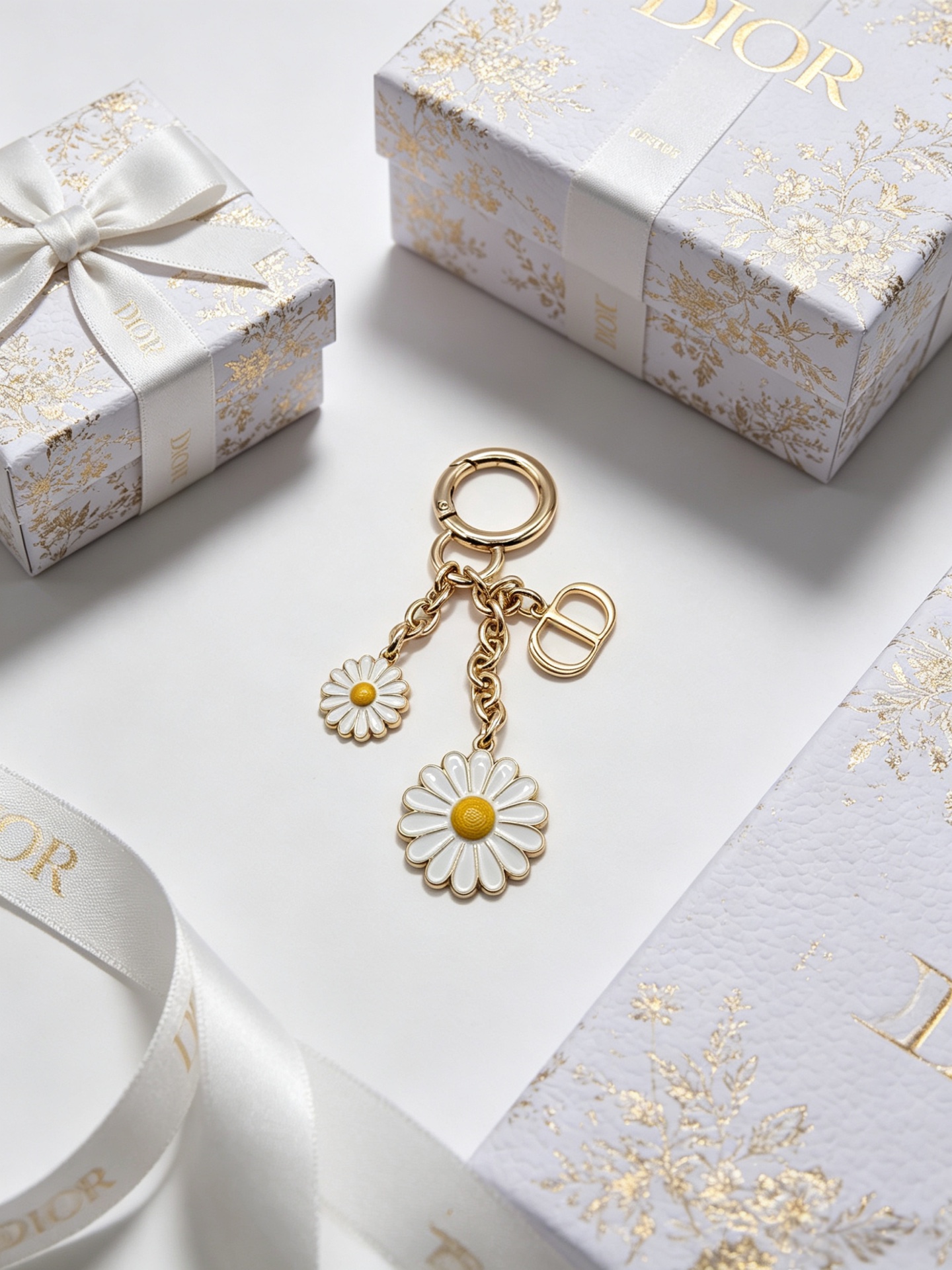 Dior Dior Garden Charms Key Holder pendant Gold-tone metal with yellow and black enamel bee red and black enamel ladybug gold daisy white enamel daisy with yellow center blue glitter four-leaf clover accents Total length 9cm key ring diameter 2 5cm