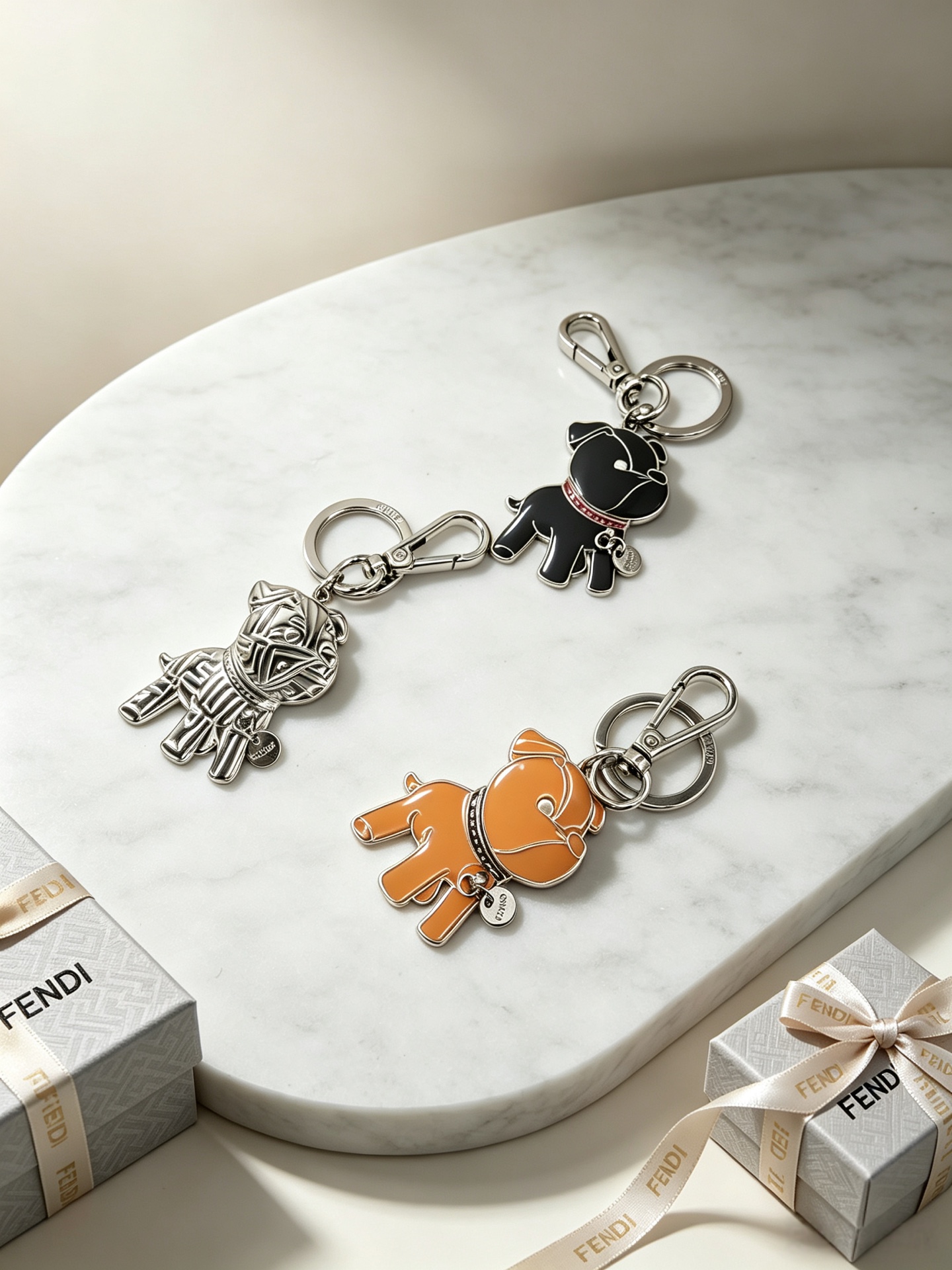 Fendi Bulldog Charm Keychain pendant Silver-tone metal with black enamel and red collar accent orange enamel with black collar accent all-silver embossed metal One Size keyring diameter 3cm charm height 5cm