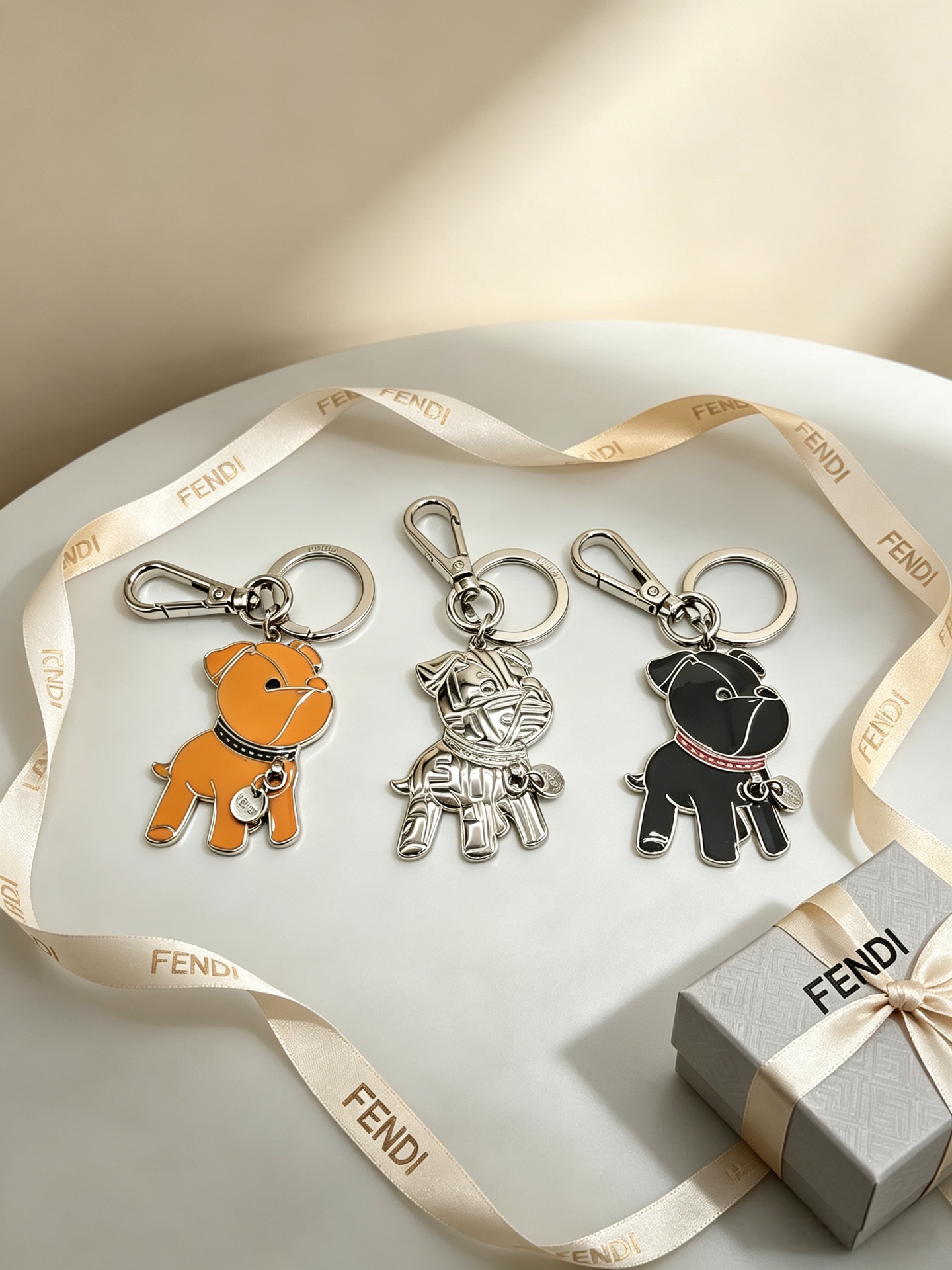Fendi Bulldog Charm Keychain pendant Silver-tone metal with black enamel and red collar accent orange enamel with black collar accent all-silver embossed metal One Size keyring diameter 3cm charm height 5cm