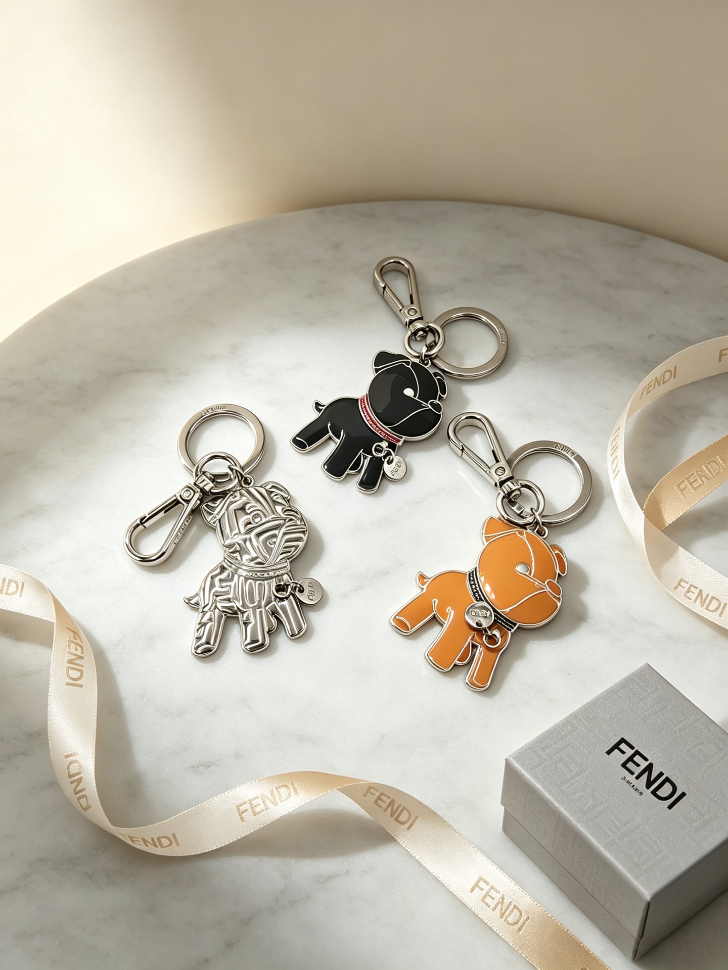 Fendi Bulldog Charm Keychain pendant Silver-tone metal with black enamel and red collar accent orange enamel with black collar accent all-silver embossed metal One Size keyring diameter 3cm charm height 5cm