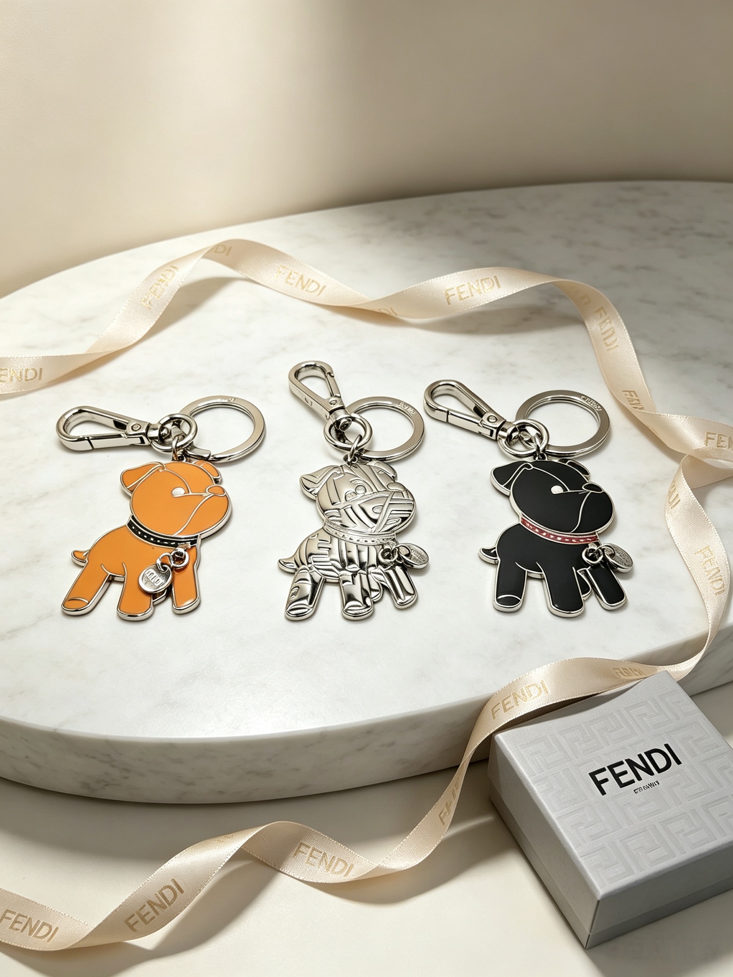 Fendi Bulldog Charm Keychain pendant Silver-tone metal with black enamel and red collar accent orange enamel with black collar accent all-silver embossed metal One Size keyring diameter 3cm charm height 5cm