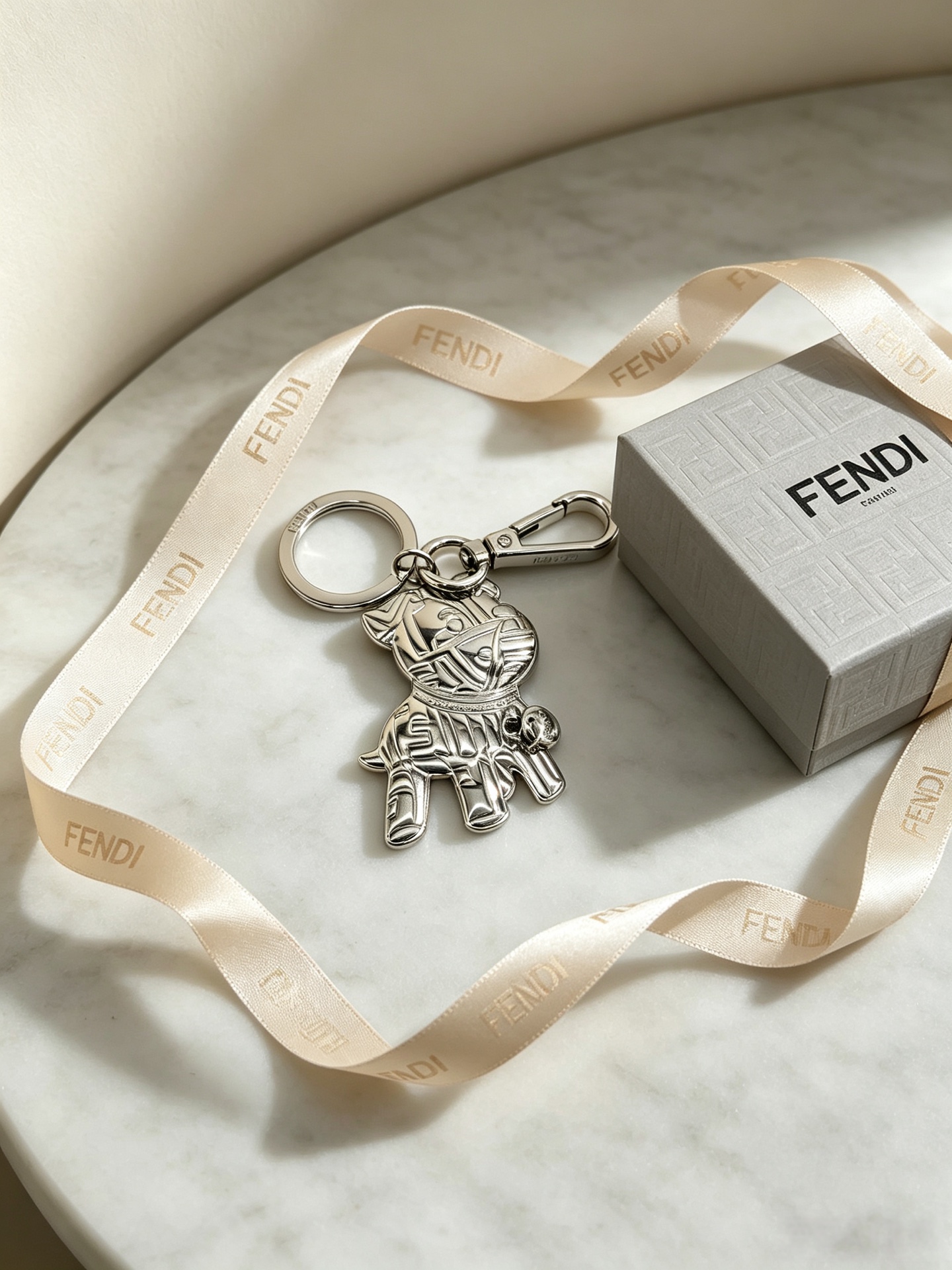 Fendi Bulldog Charm Keychain pendant Silver-tone metal with black enamel and red collar accent orange enamel with black collar accent all-silver embossed metal One Size keyring diameter 3cm charm height 5cm