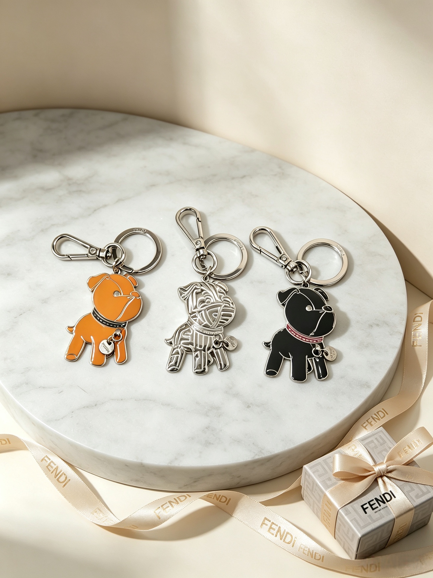 Fendi Bulldog Charm Keychain pendant Silver-tone metal with black enamel and red collar accent orange enamel with black collar accent all-silver embossed metal One Size keyring diameter 3cm charm height 5cm