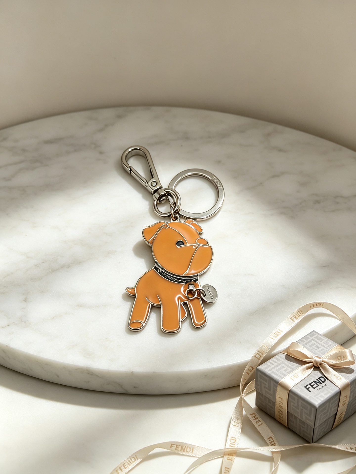 Fendi Bulldog Charm Keychain pendant Silver-tone metal with black enamel and red collar accent orange enamel with black collar accent all-silver embossed metal One Size keyring diameter 3cm charm height 5cm
