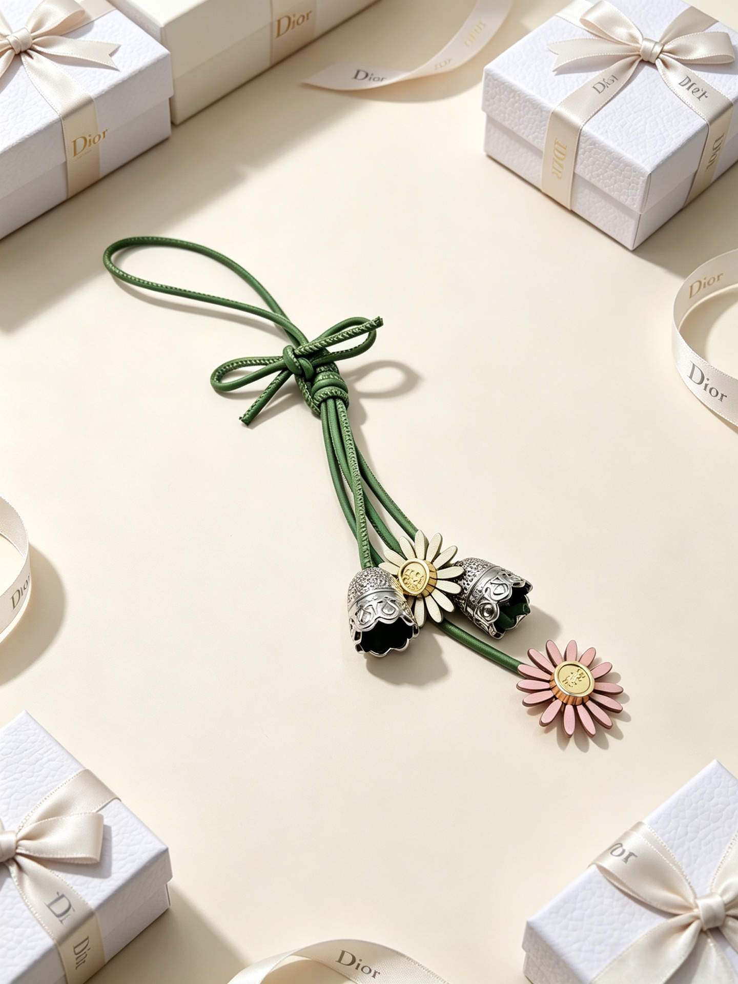 Dior Daisy Bell Bag Charm pendant green leather cord silver-tone metal bells cream and pink daisy accents with gold-tone centers 18cm total length
