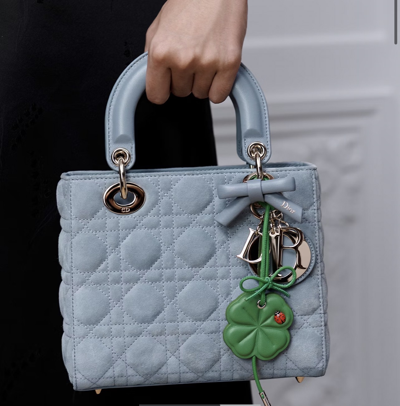 Dior Lucky Clover Bag Charm pendant Silver-toned metal with pink white and green leather red ladybug accent 12cm total length