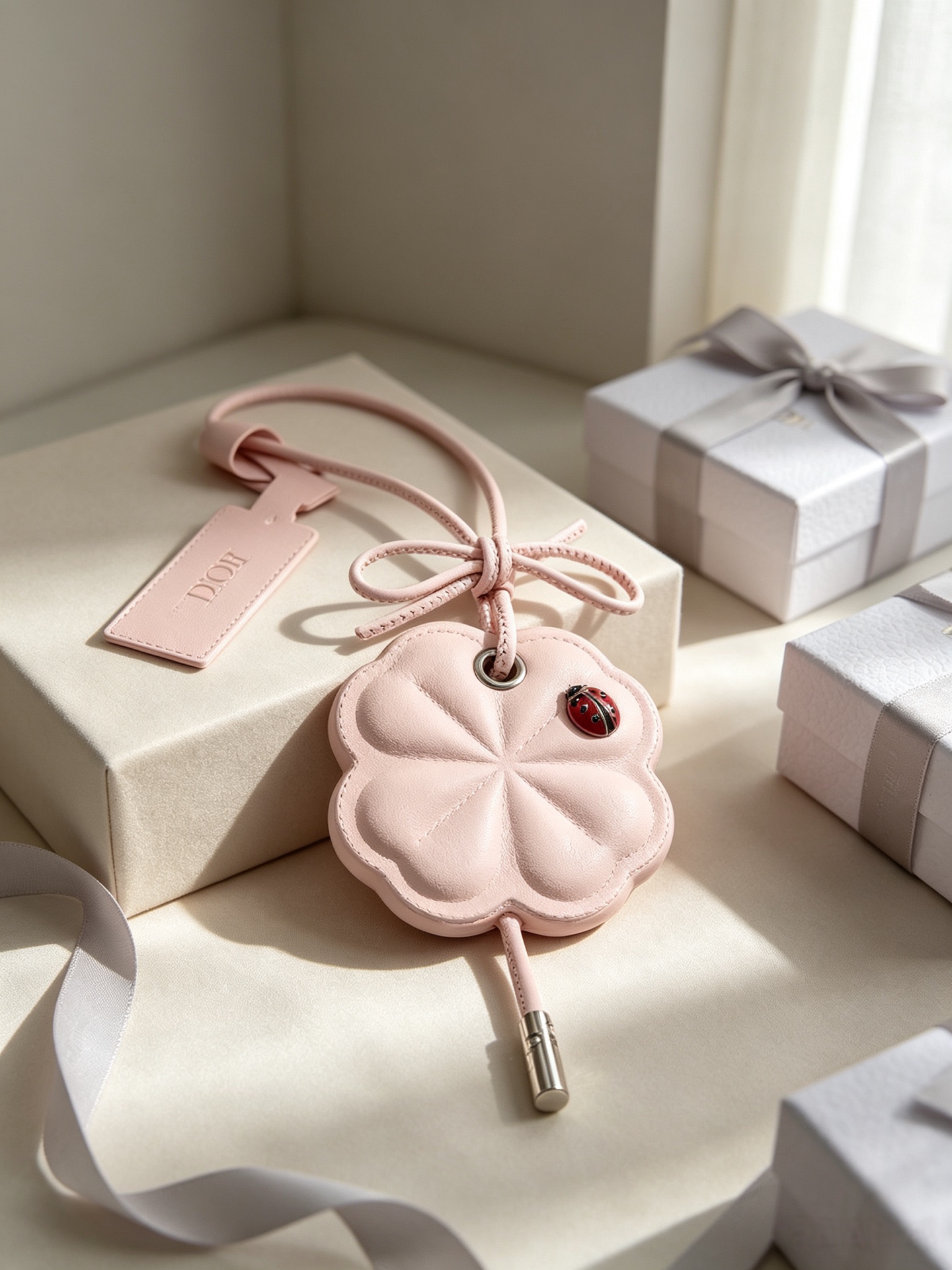 Dior Lucky Clover Bag Charm pendant Silver-toned metal with pink white and green leather red ladybug accent 12cm total length