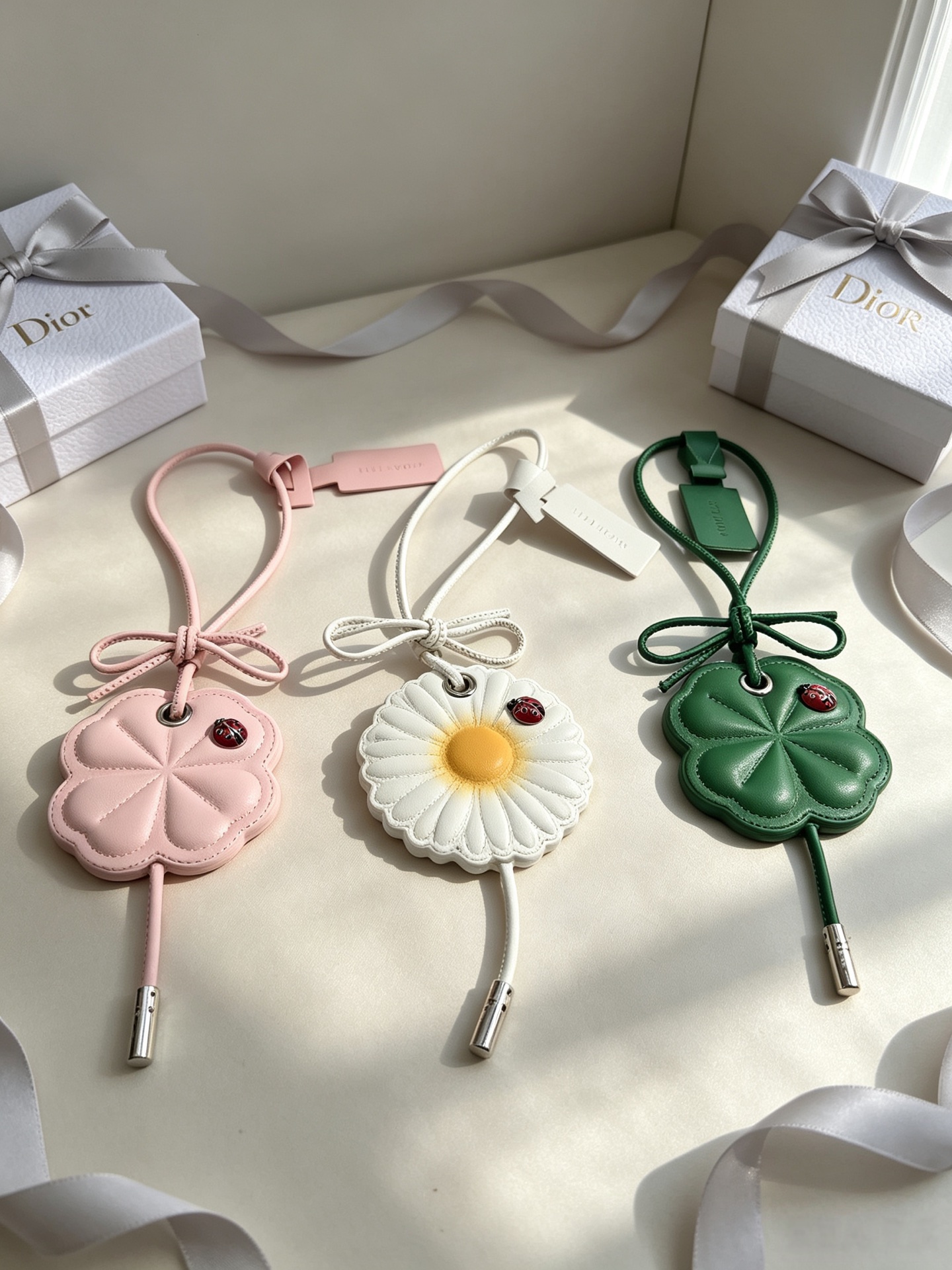 Dior Lucky Clover Bag Charm pendant Silver-toned metal with pink white and green leather red ladybug accent 12cm total length
