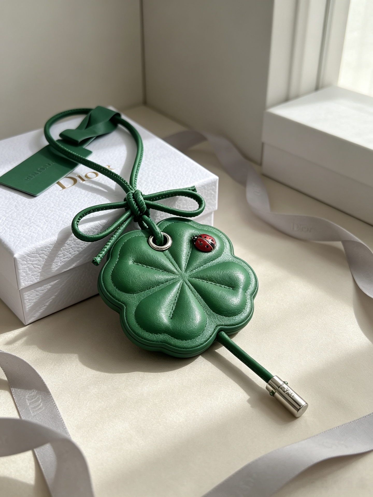 Dior Lucky Clover Bag Charm pendant Silver-toned metal with pink white and green leather red ladybug accent 12cm total length