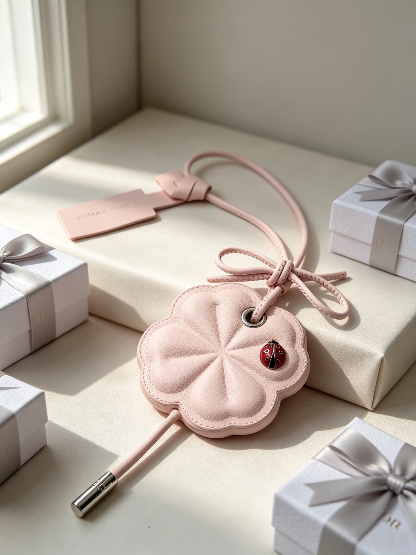 Dior Lucky Clover Bag Charm pendant Silver-toned metal with pink white and green leather red ladybug accent 12cm total length