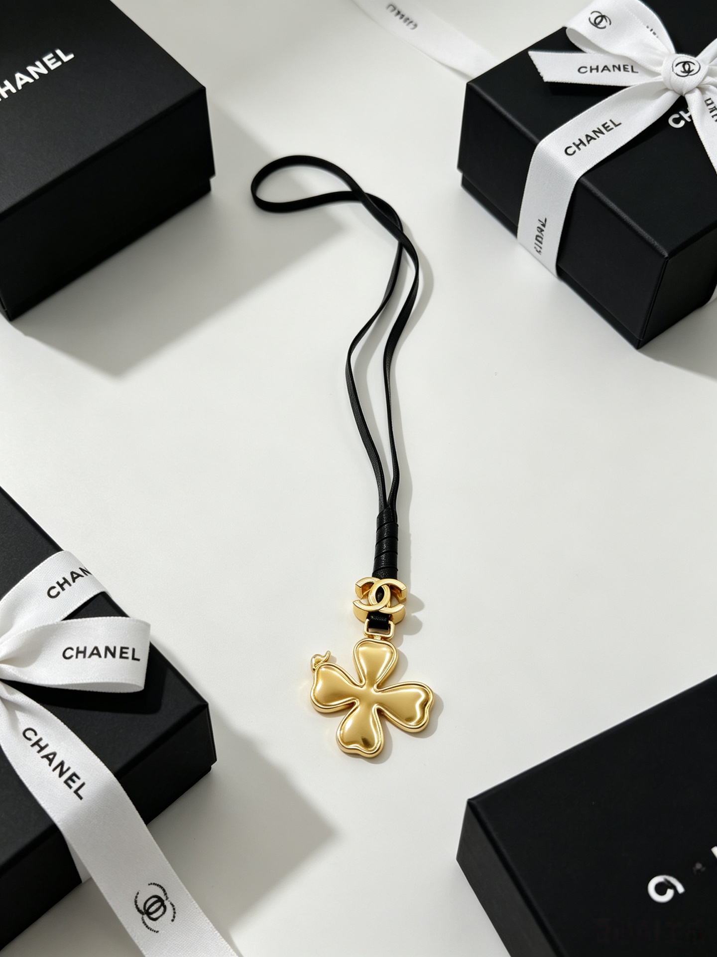 Chanel CC Clover Leather Cord Pendant Necklace necklace Gold-tone metal black leather cord 40cm