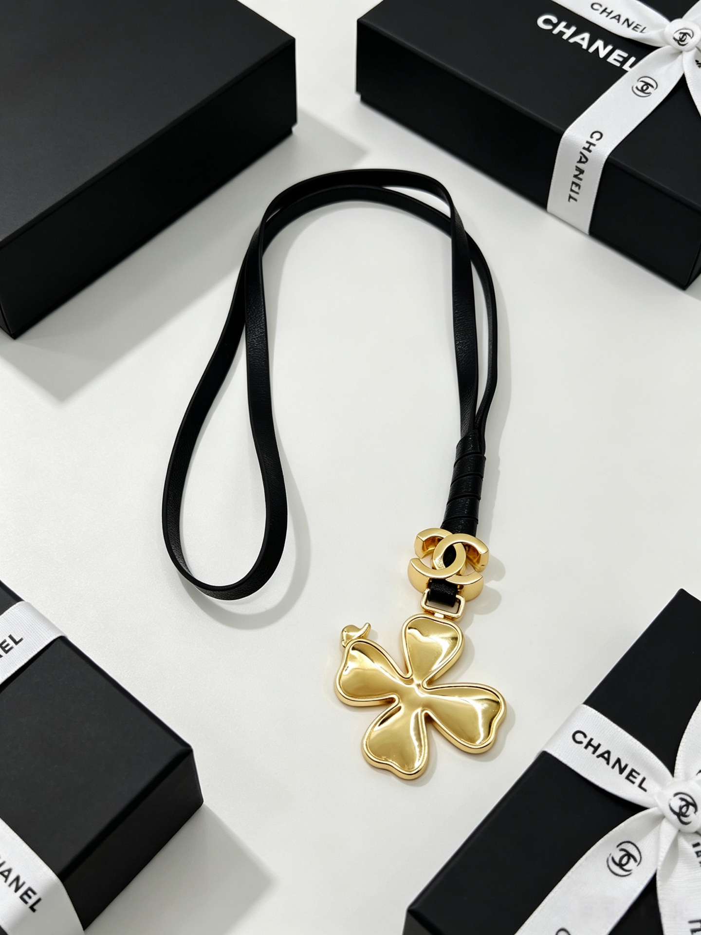 Chanel CC Clover Leather Cord Pendant Necklace necklace Gold-tone metal black leather cord 40cm