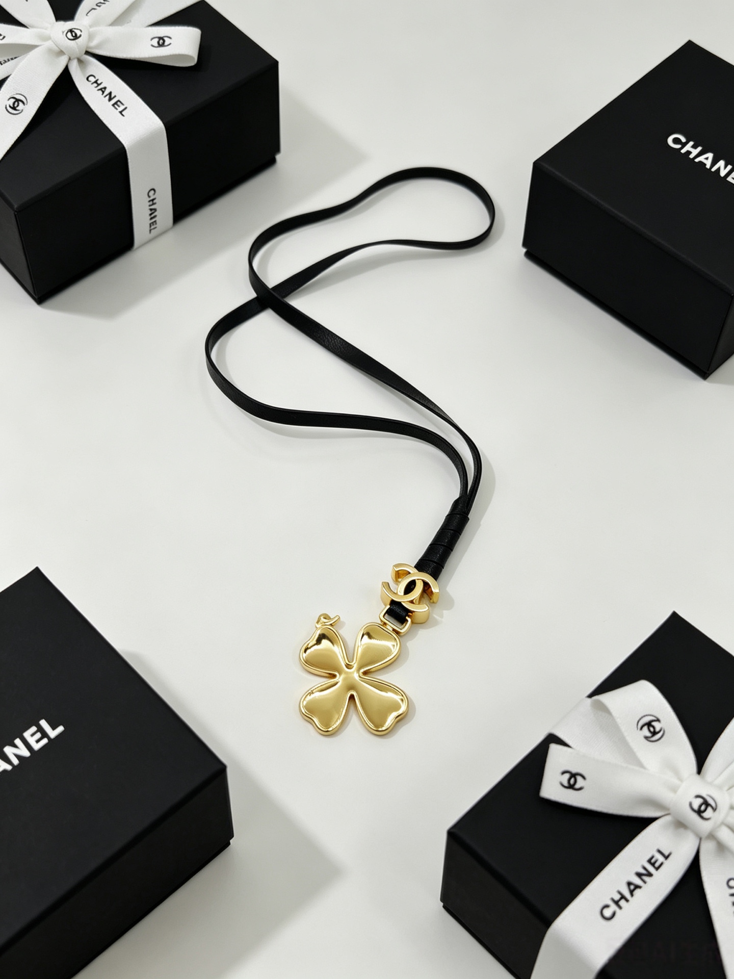 Chanel CC Clover Leather Cord Pendant Necklace necklace Gold-tone metal black leather cord 40cm
