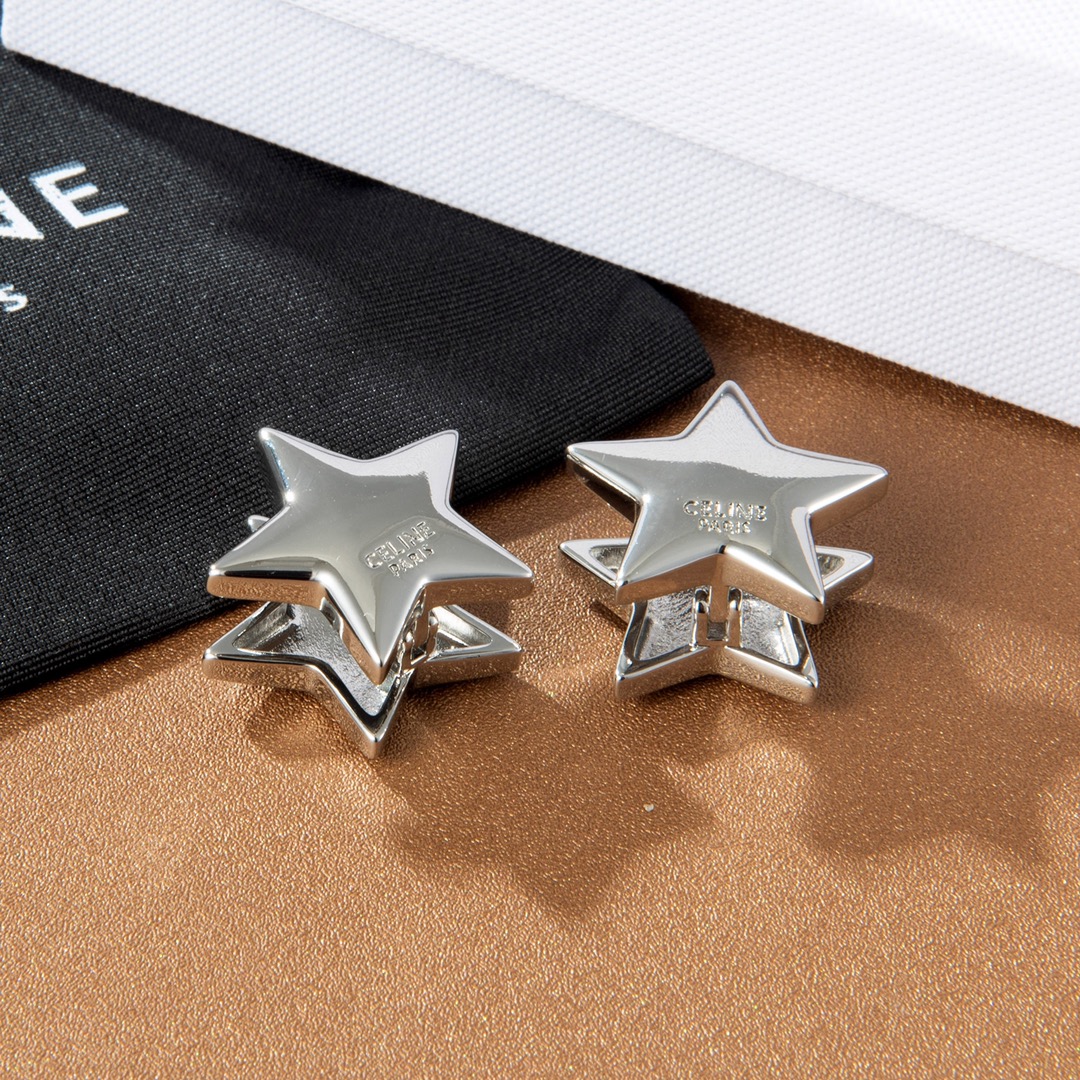 Celine PRECLOUS Star earrings silver tone metal no accent stones 1 8cm width