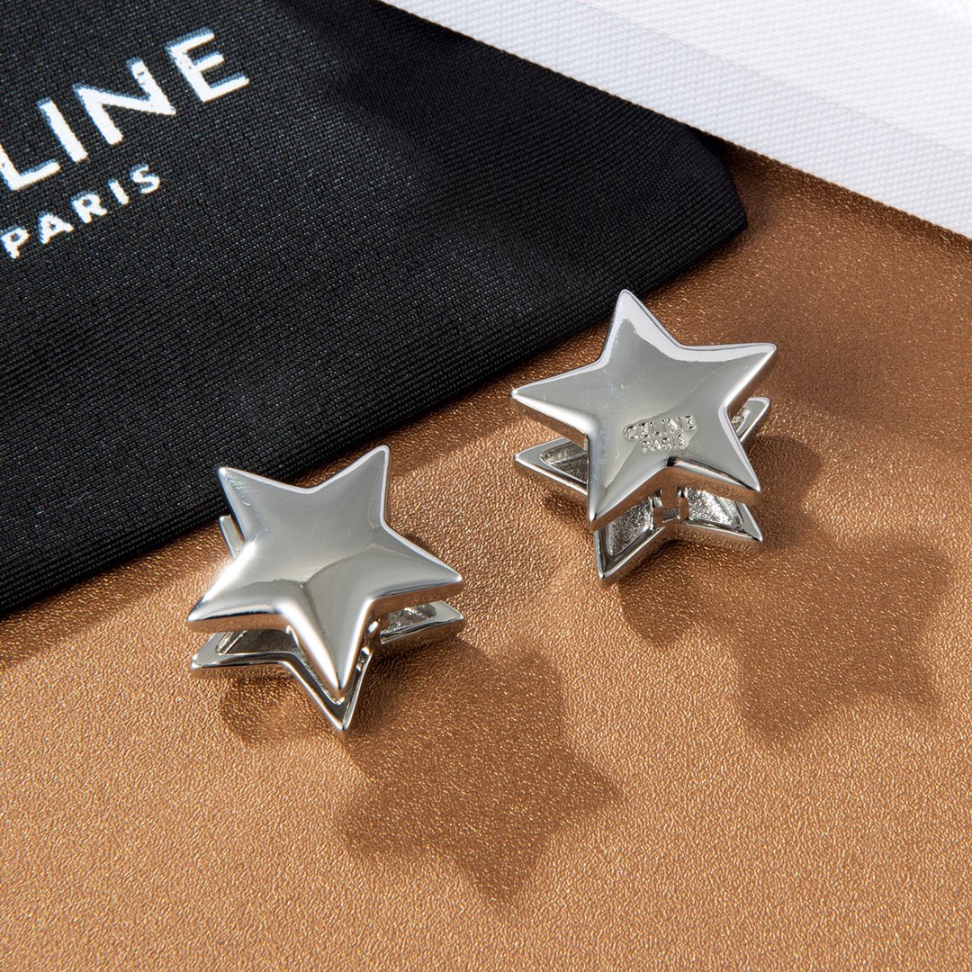 Celine PRECLOUS Star earrings silver tone metal no accent stones 1 8cm width