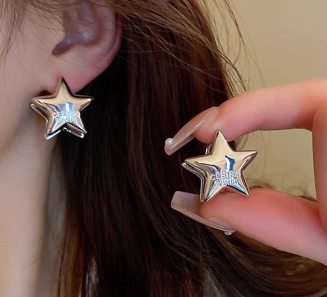 Celine PRECLOUS Star earrings silver tone metal no accent stones 1 8cm width