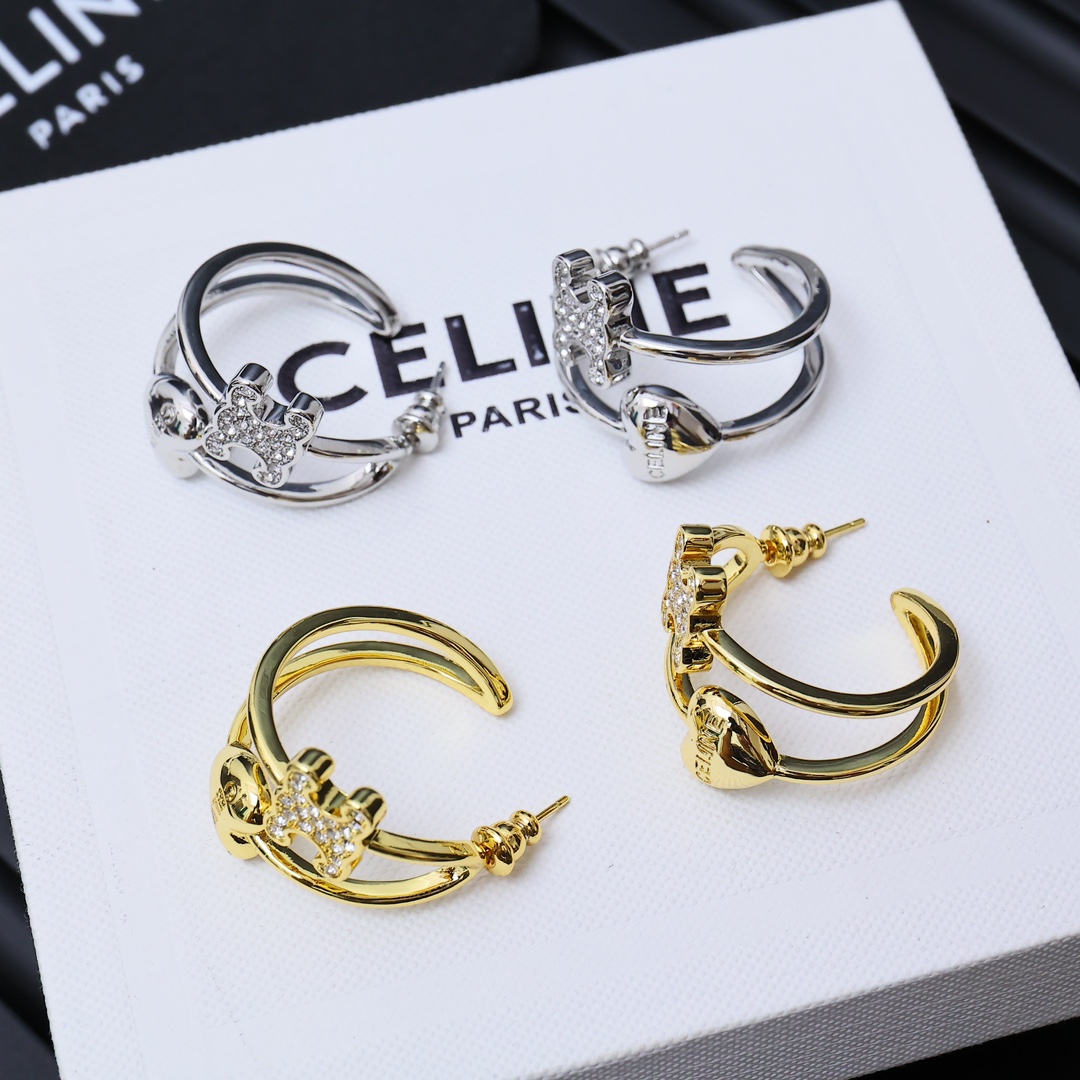 Celine Triomphe Heart Crystal Cuff Earrings earrings Silver-tone metal with clear crystal accents Gold-tone metal with clear crystal accents 2cm diameter