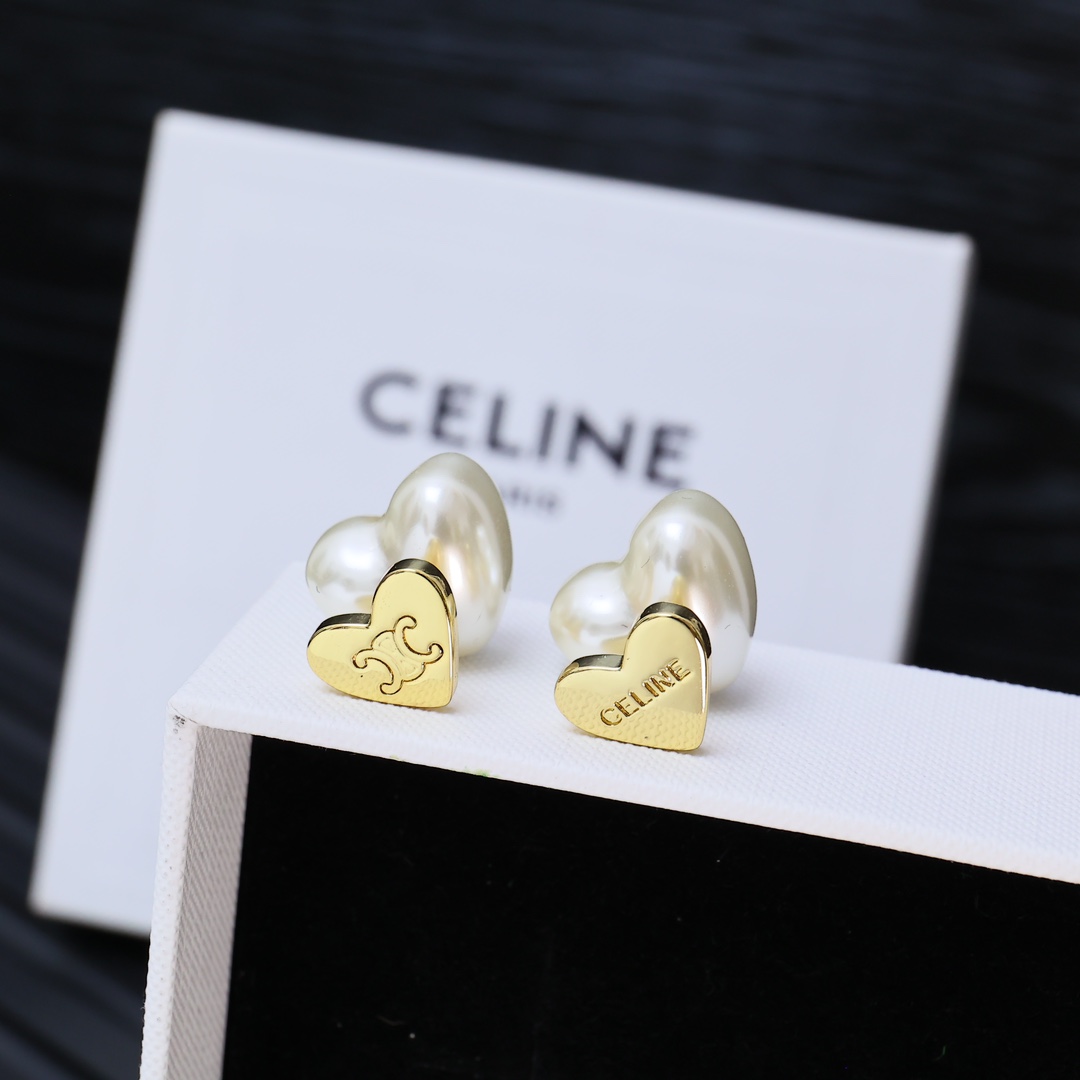 Celine PRECIOUS Heart Triomphe Pearl Stud Earrings earrings Silver-tone Gold-tone metal with cream white faux pearl 1cm stud diameter