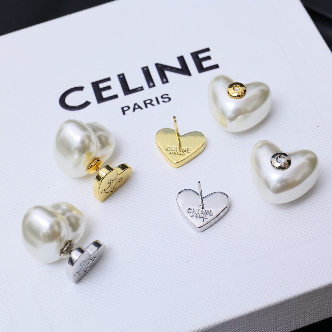 Celine PRECIOUS Heart Triomphe Pearl Stud Earrings earrings Silver-tone Gold-tone metal with cream white faux pearl 1cm stud diameter