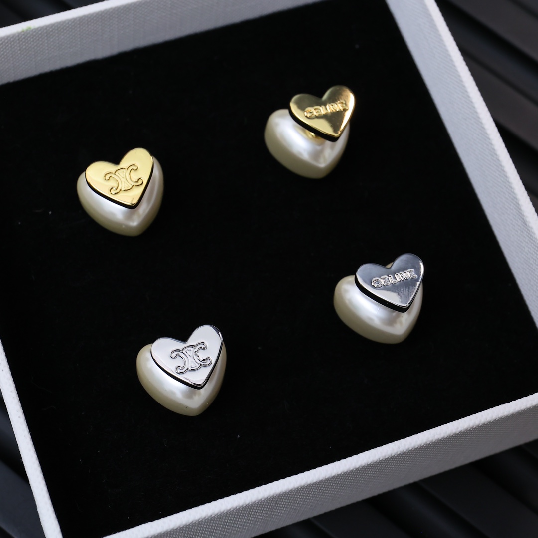 Celine PRECIOUS Heart Triomphe Pearl Stud Earrings earrings Silver-tone Gold-tone metal with cream white faux pearl 1cm stud diameter