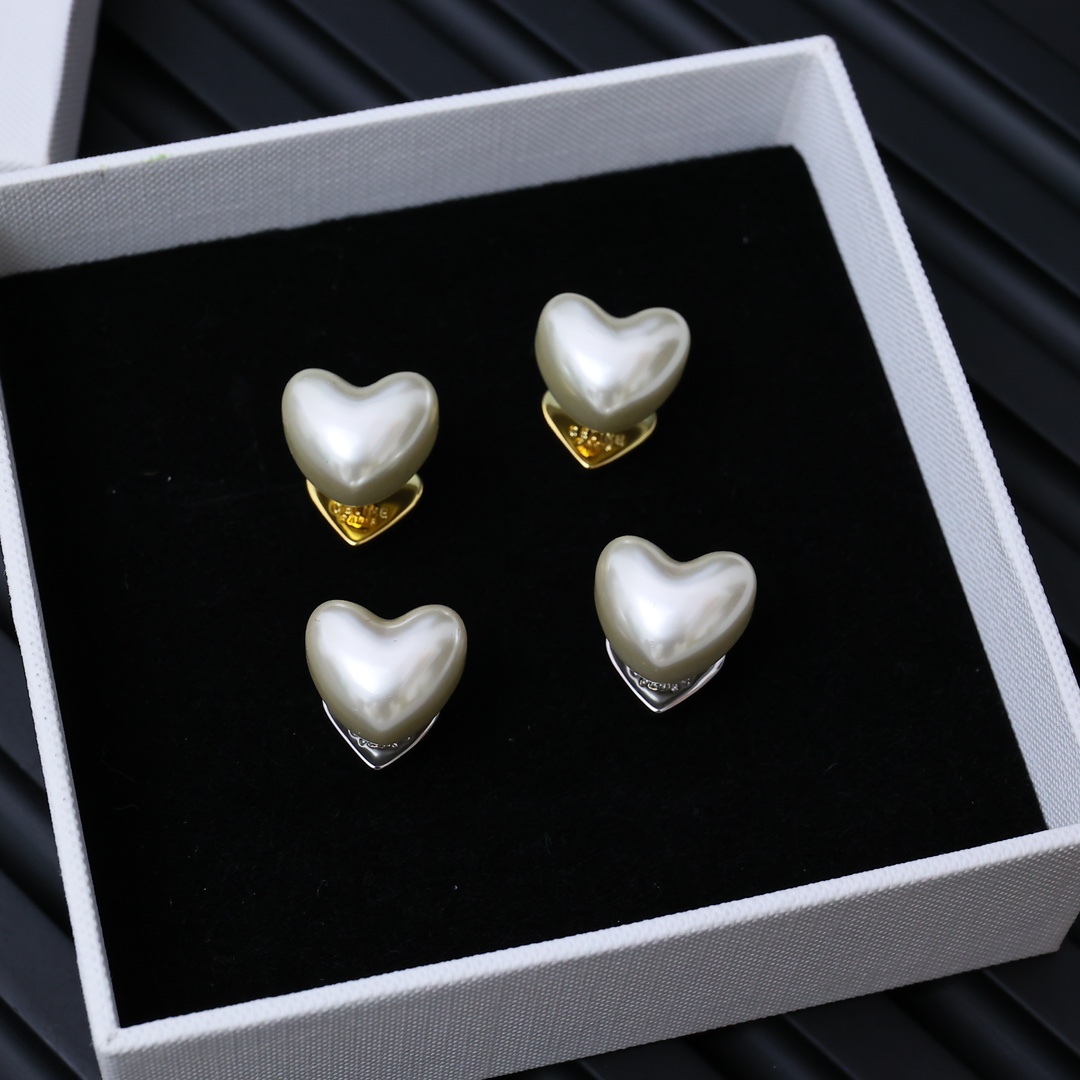 Celine PRECIOUS Heart Triomphe Pearl Stud Earrings earrings Silver-tone Gold-tone metal with cream white faux pearl 1cm stud diameter