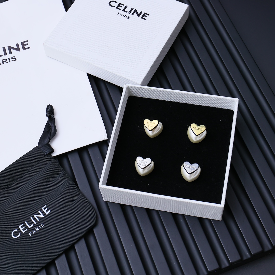 Celine PRECIOUS Heart Triomphe Pearl Stud Earrings earrings Silver-tone Gold-tone metal with cream white faux pearl 1cm stud diameter