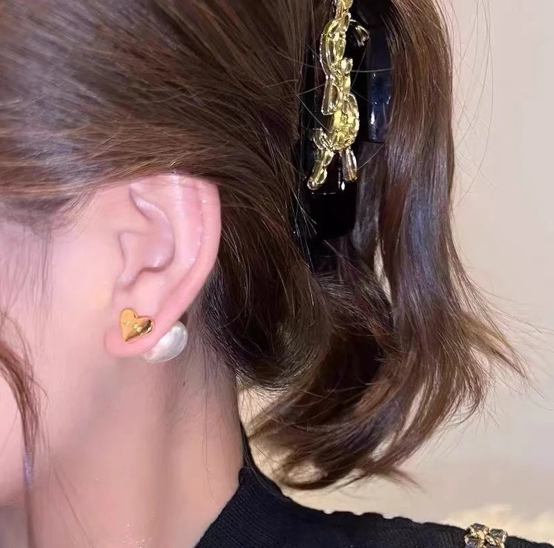 Celine PRECIOUS Heart Triomphe Pearl Stud Earrings earrings Silver-tone Gold-tone metal with cream white faux pearl 1cm stud diameter