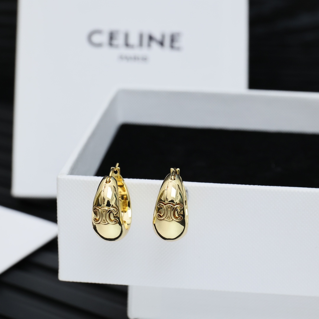 Celine Triomphe Arc de Triomphe earrings gold tone metal 2cm hoop diameter